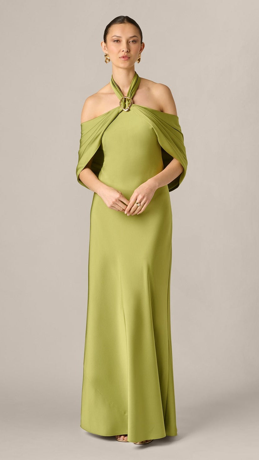 Aidan Mattox Satin Draped Shawl Halter Gown 209933
