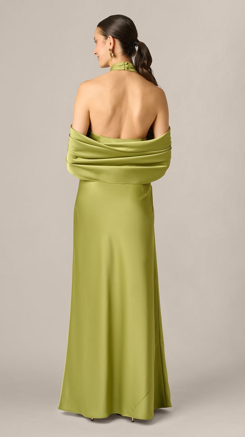 Aidan Mattox Satin Draped Shawl Halter Gown 209933
