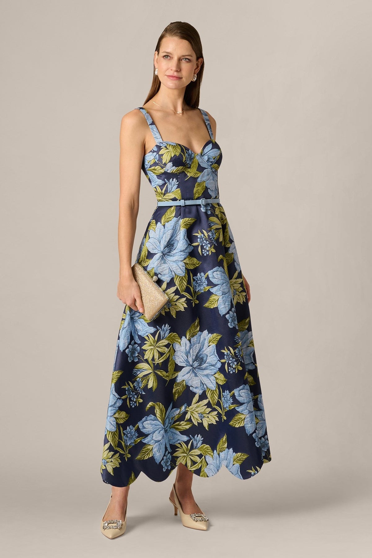 Aidan Mattox Floral Jacquard Sweetheart Scalloped Ankle Dress 209996