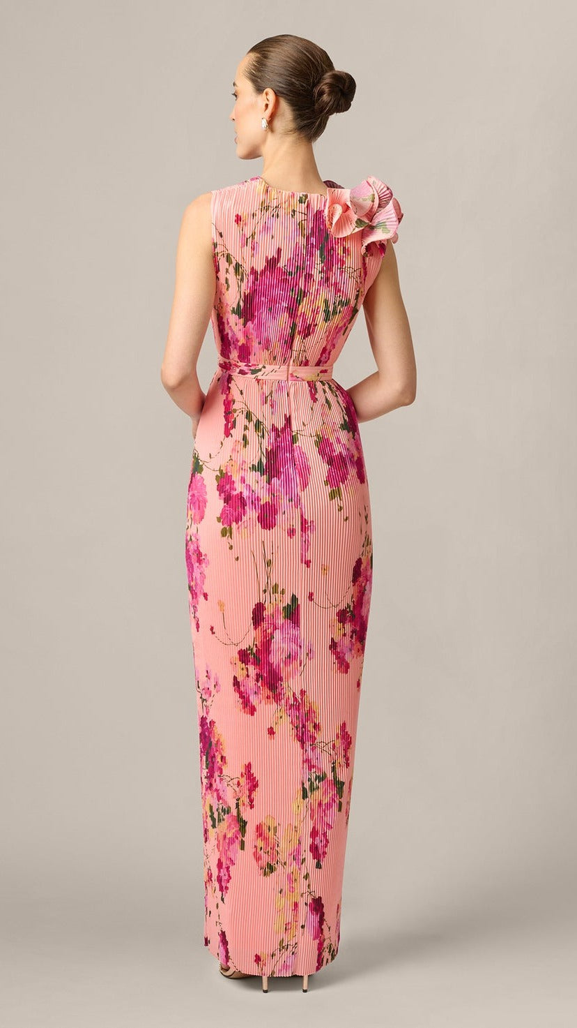 Aidan Mattox Floral Flounce Shoulder Pleated Gown 210029