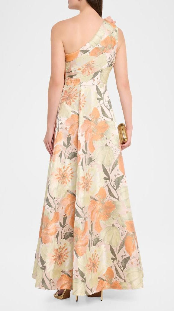 Aidan Mattox Pleated One-Shoulder Floral Jacquard Gown 210030