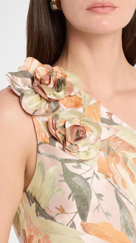 Aidan Mattox Pleated One-Shoulder Floral Jacquard Gown 210030