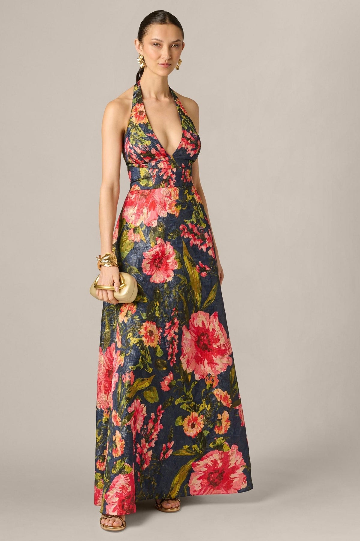 Aidan Mattox Floral Jacquard Plunge Neck Halter Ballgown 210039