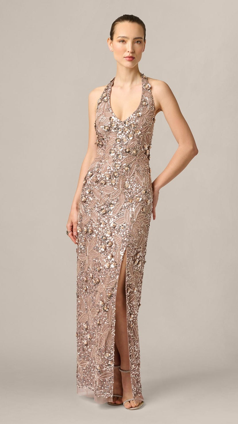 Aidan Mattox 3D Floral Sequin Beaded Halter Gown 210055