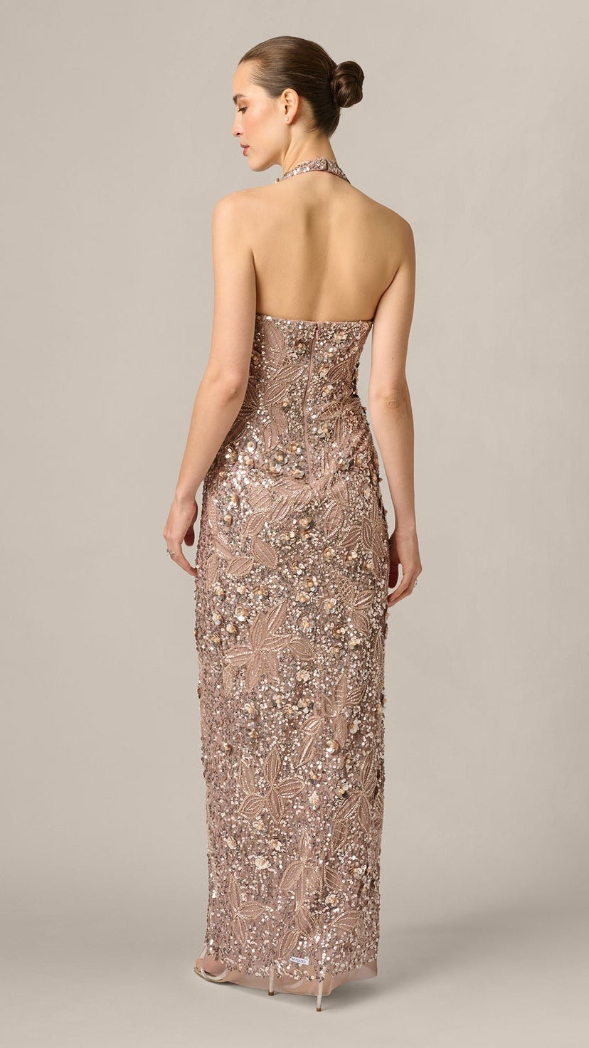 Aidan Mattox 3D Floral Sequin Beaded Halter Gown 210055