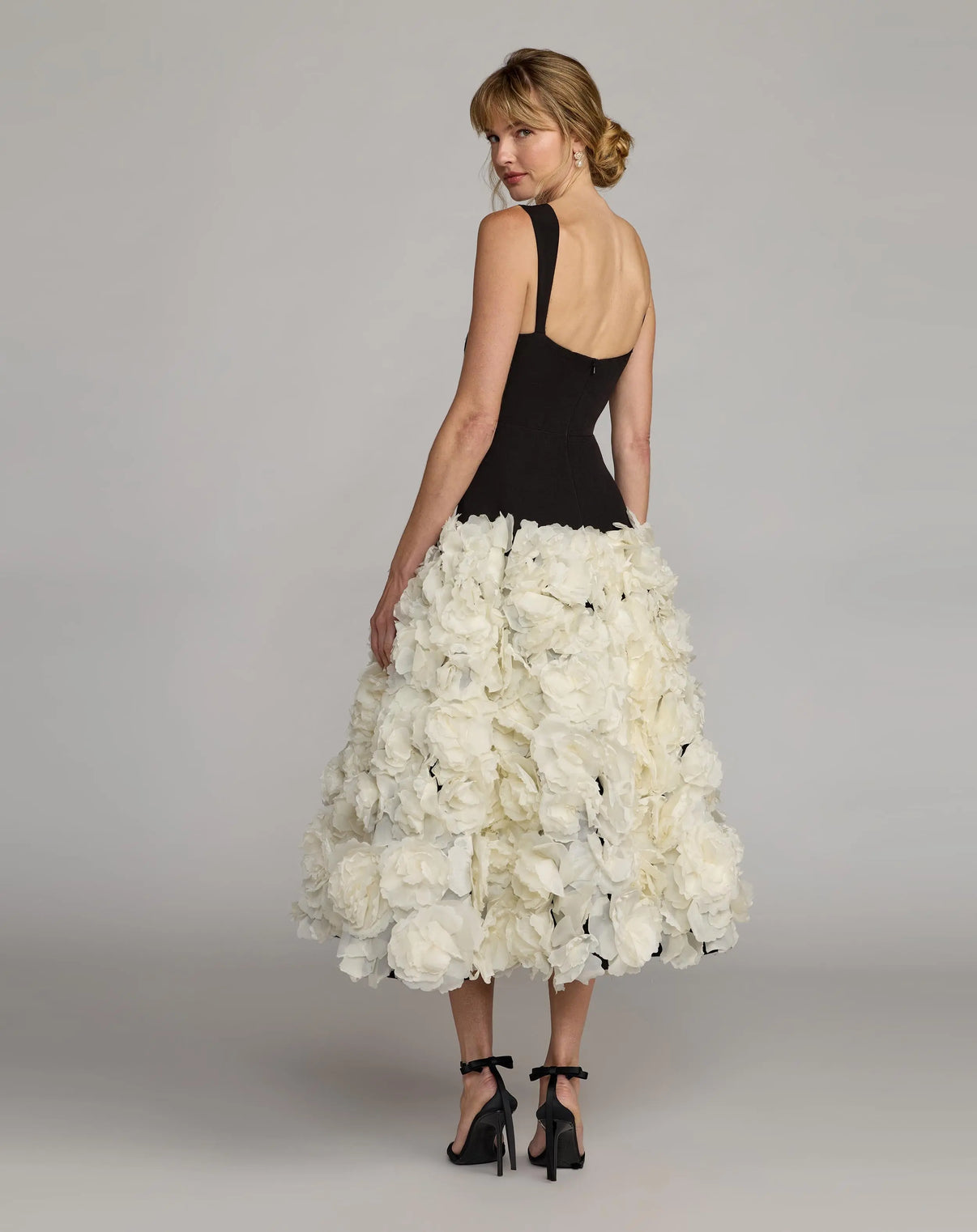 Scoop Neck Tea-Length Floral Cocktail Dress by Mac Duggal 21080 in Black Cream