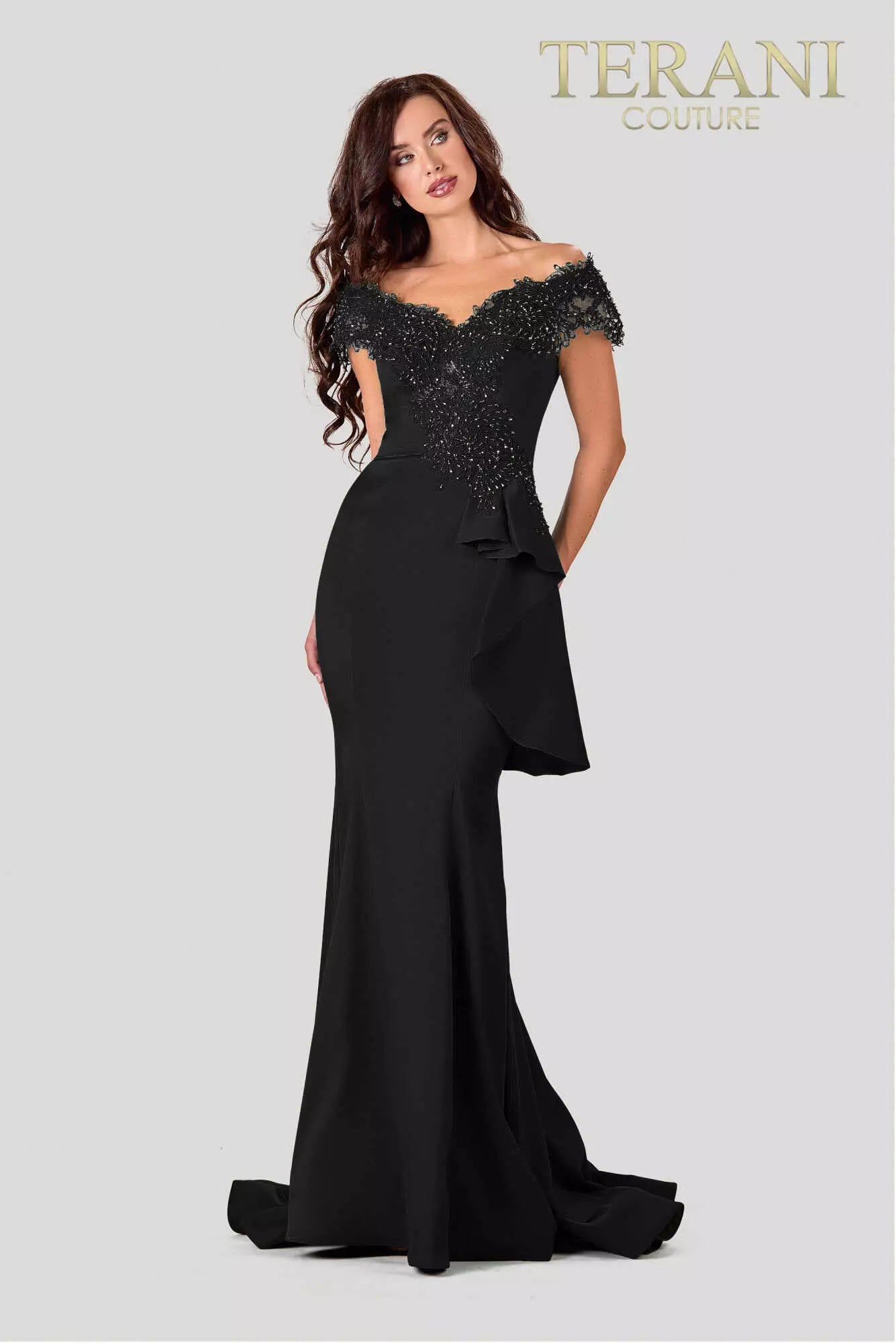 Terani Couture Off Shoulder Formal Long Dress 2111M5255 - The Dress Outlet Black