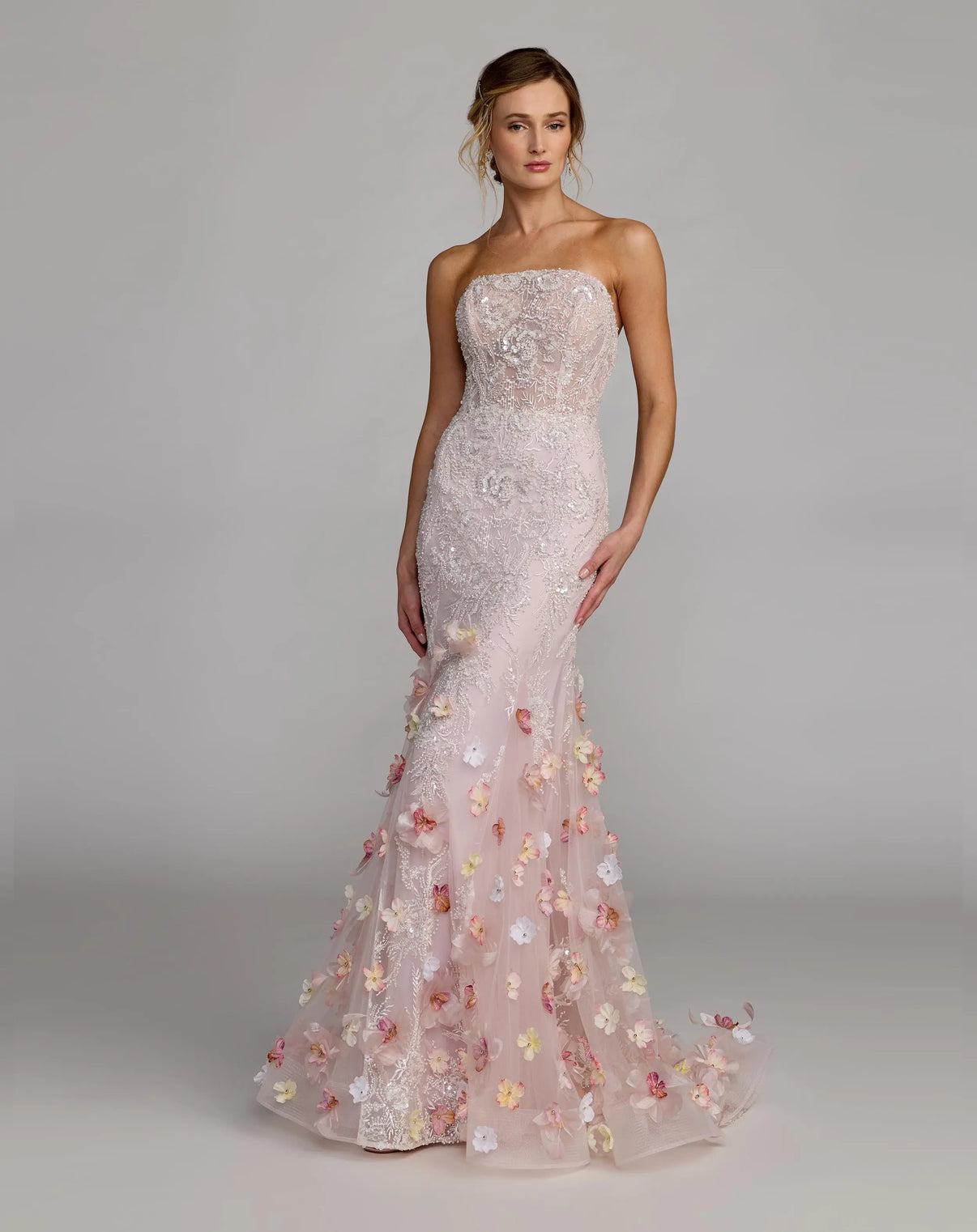 Strapless Mermaid Floral Applique Prom Dress by Mac Duggal 21147 in Blush Multi