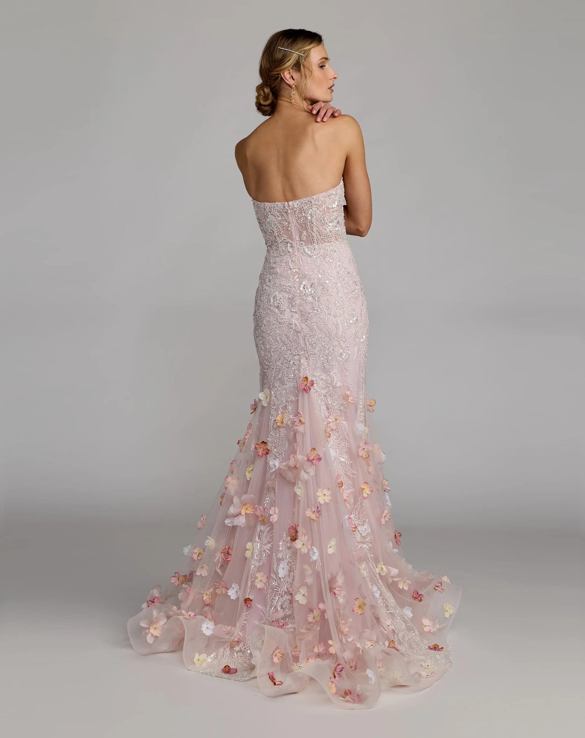 Strapless Mermaid Floral Applique Prom Dress by Mac Duggal 21147 in Blush Multi