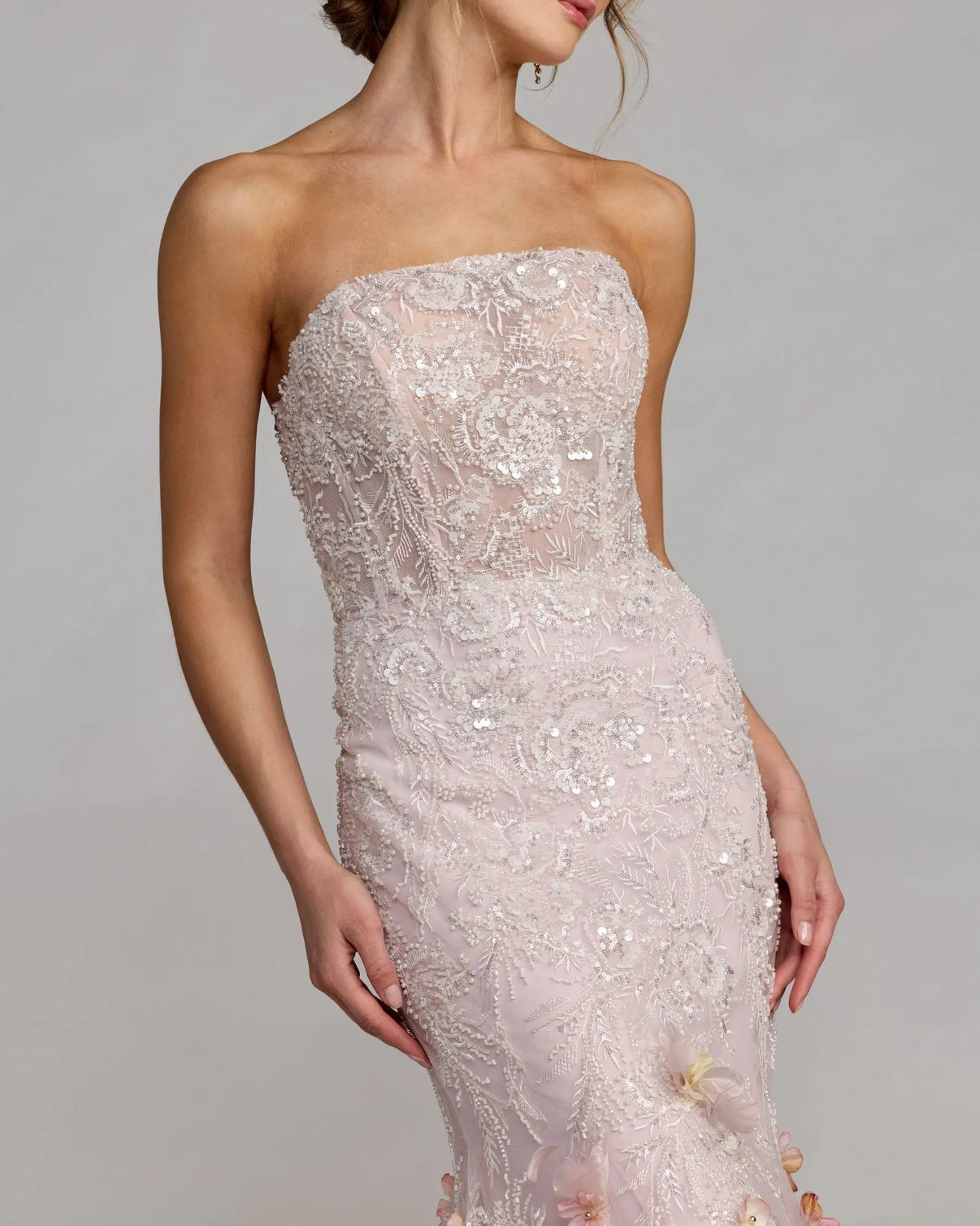 Strapless Mermaid Floral Applique Prom Dress by Mac Duggal 21147 in Blush Multi