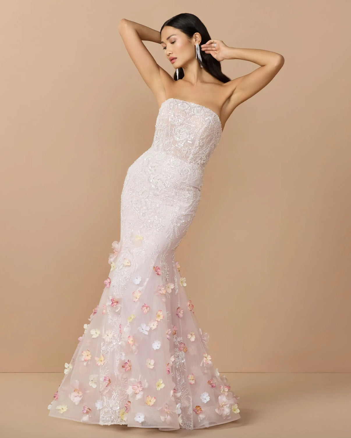 Strapless Mermaid Floral Applique Prom Dress by Mac Duggal 21147 in Blush Multi