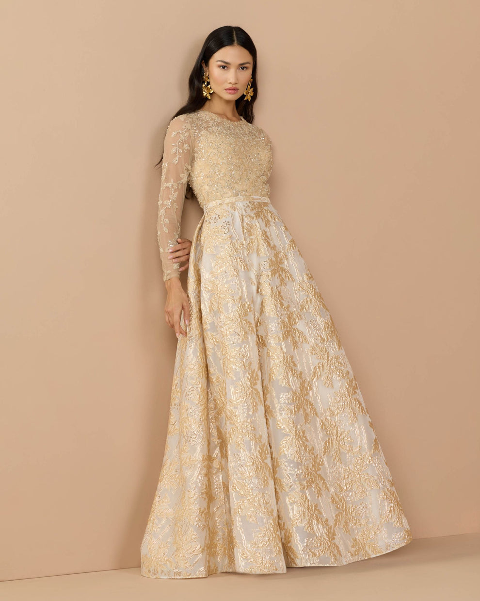 Mother of the Bride Dresses Pleated Long Sleeve Formal Beaded Ball Gown Mother of the Bride Dress Mac Duggal 21181 Light Gold