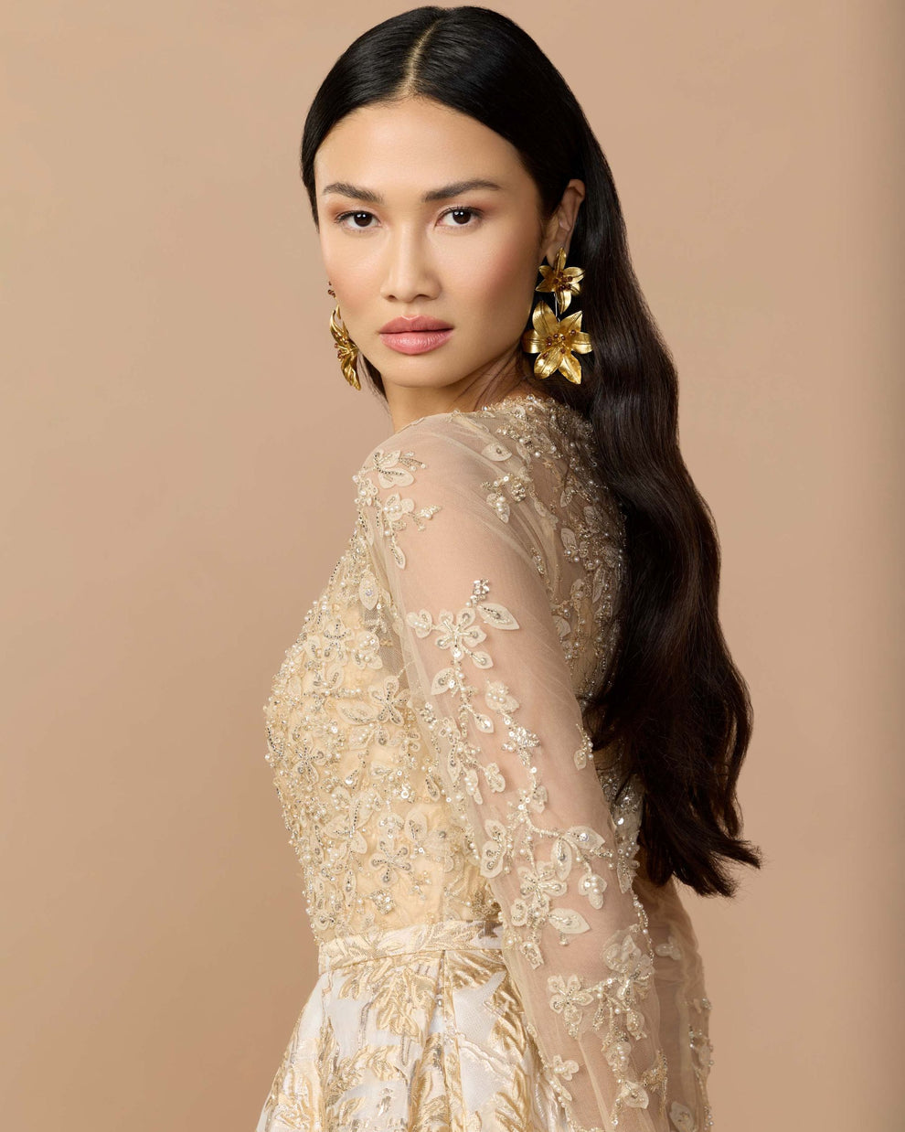 Mother of the Bride Dresses Pleated Long Sleeve Formal Beaded Ball Gown Mother of the Bride Dress Mac Duggal 21181 Light Gold