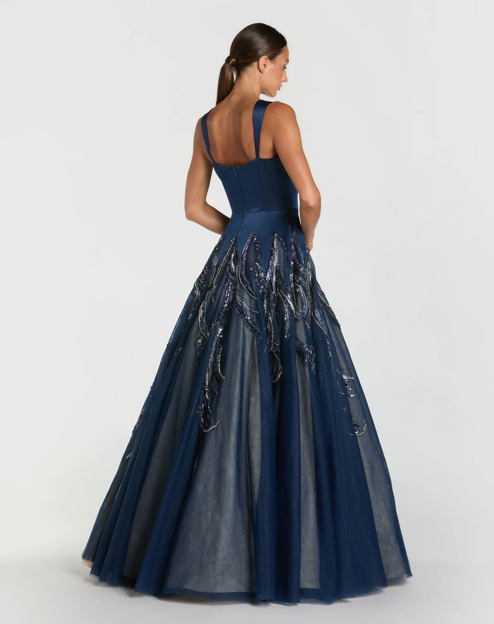 Midnight Square Neck Floor-Length Satin Tulle Formal Ball Gown with Beads and Sequins Mac Duggal 21190