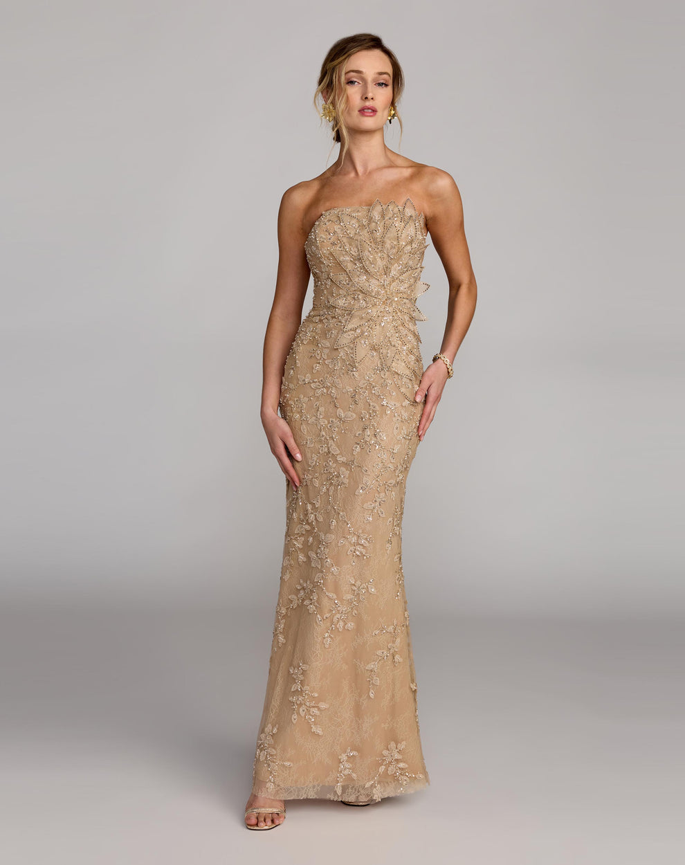 Prom Dresses Long Formal Sequin Beaded 3D Floral Prom Dress Gold