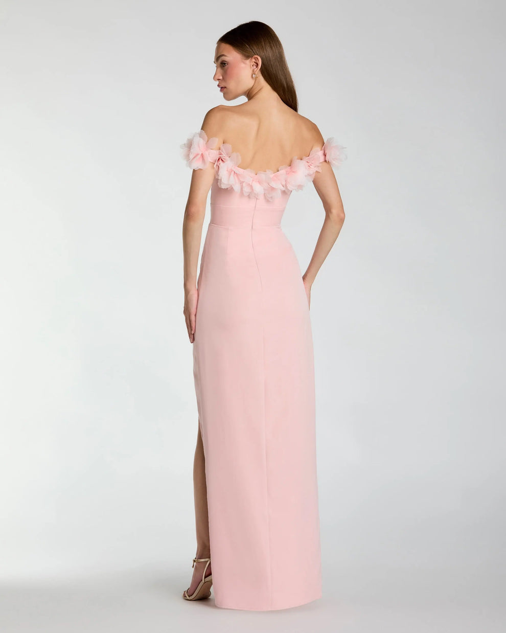 Off-Shoulder Floor-Length Crepe Evening Gown by Mac Duggal 21235 in Dusty Rose