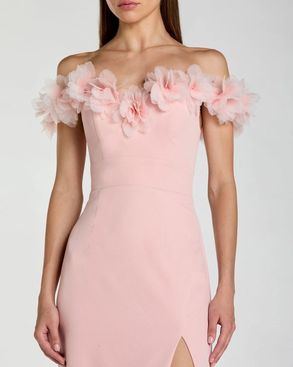 Off-Shoulder Floor-Length Crepe Evening Gown by Mac Duggal 21235 in Dusty Rose