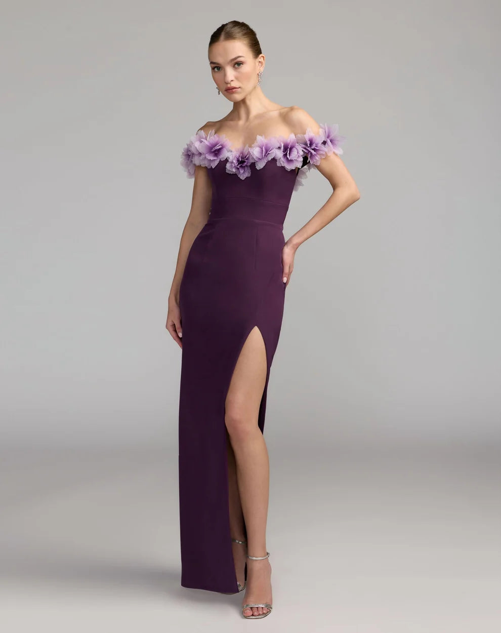 Off-Shoulder Floor-Length Crepe Evening Gown by Mac Duggal 21235 in Plum