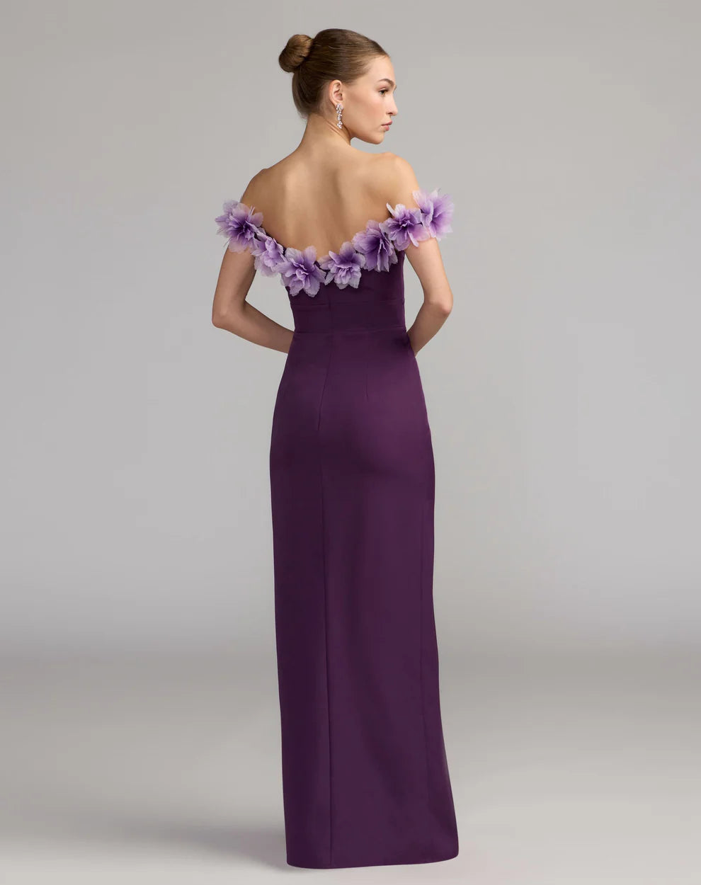 Off-Shoulder Floor-Length Crepe Evening Gown by Mac Duggal 21235 in Plum