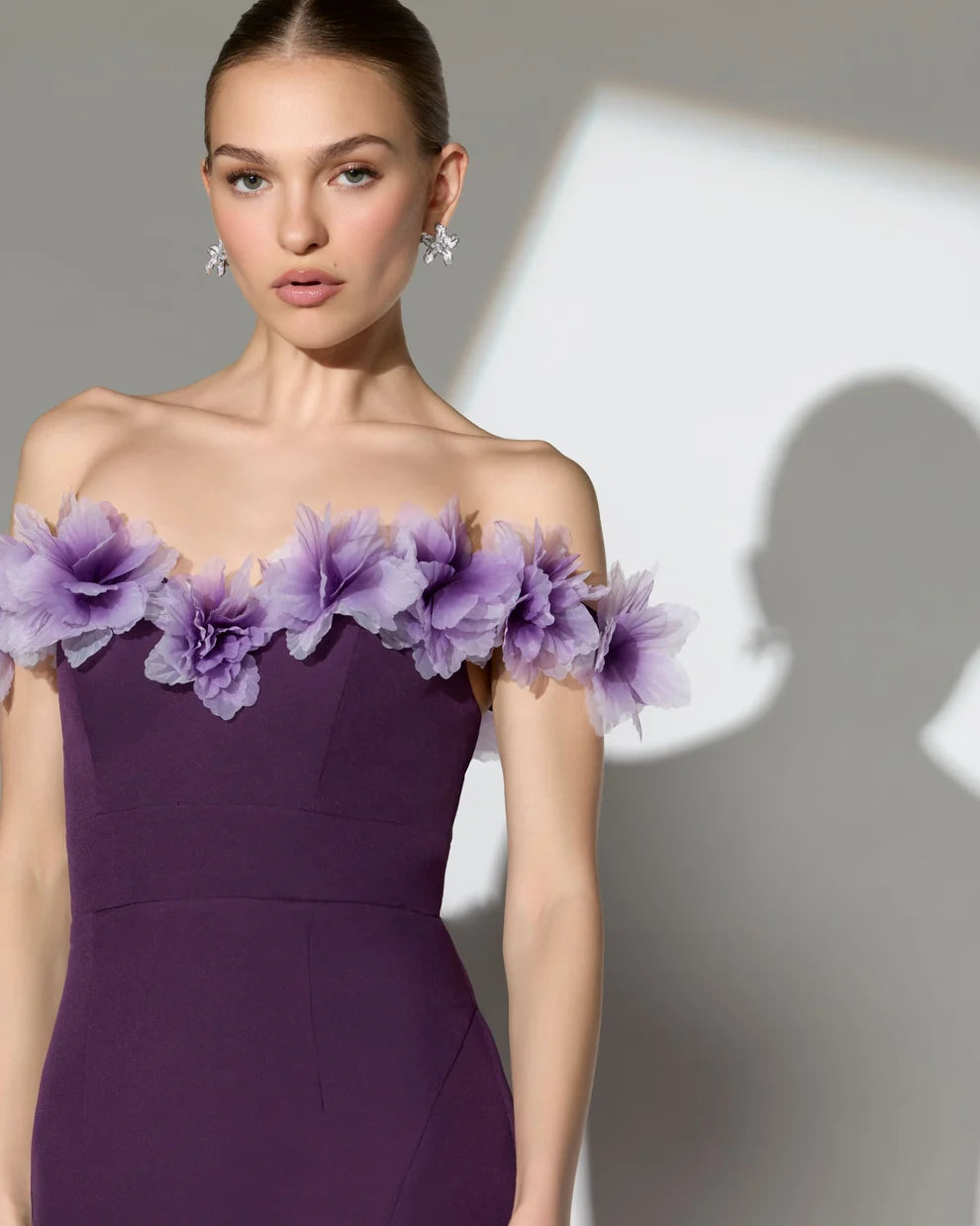 Off-Shoulder Floor-Length Crepe Evening Gown by Mac Duggal 21235 in Plum