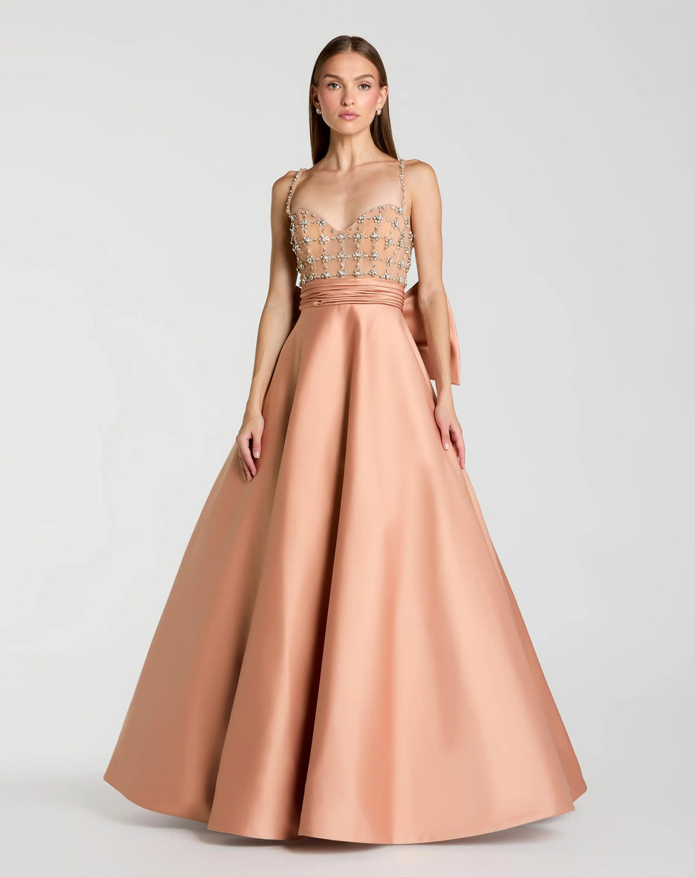 Dusty Rose Sweetheart Floor-Length Satin Prom Ball Gown with Rhinestone Bodice and Back Bow Mac Duggal 21242