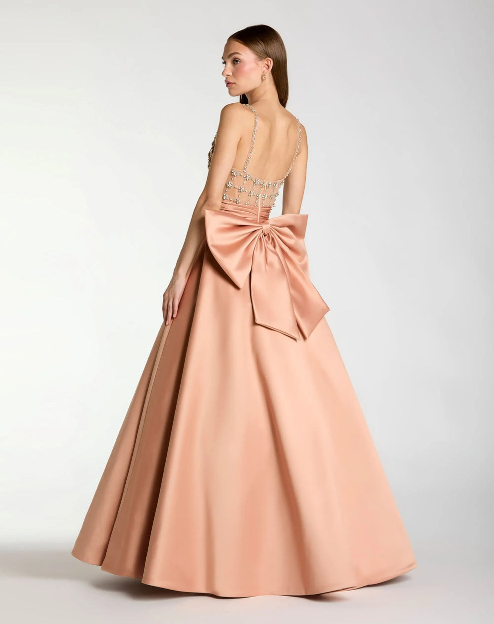 Dusty Rose Sweetheart Floor-Length Satin Prom Ball Gown with Rhinestone Bodice and Back Bow Mac Duggal 21242