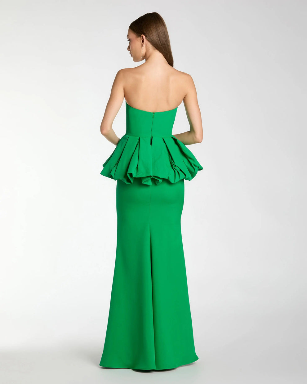 Spring Green Strapless Floor-Length Scuba Formal Gown with Pleated Peplum Mac Duggal 21243