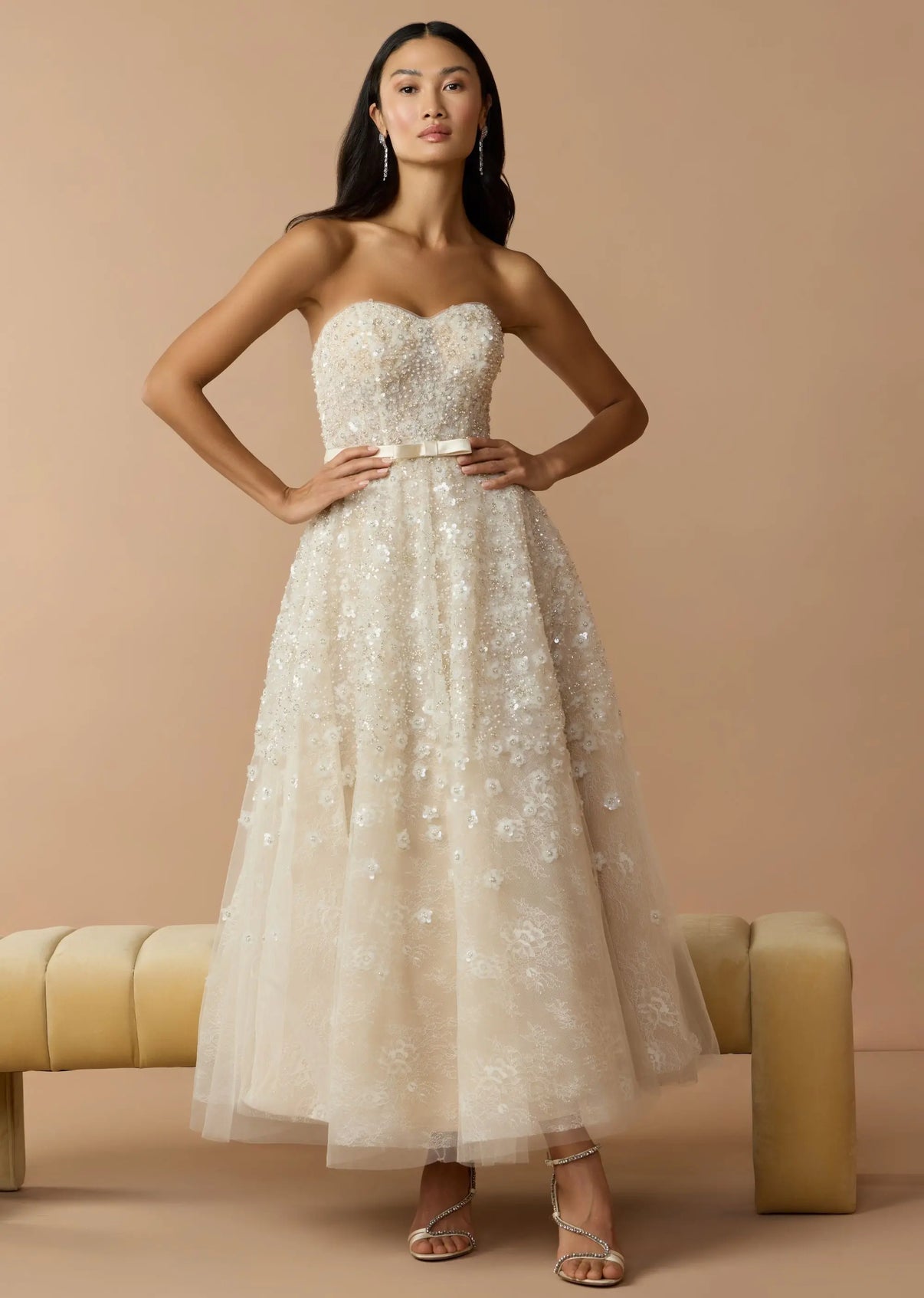 Strapless Tea-Length Sequin Cocktail Dress by Mac Duggal 21286 in Oyster