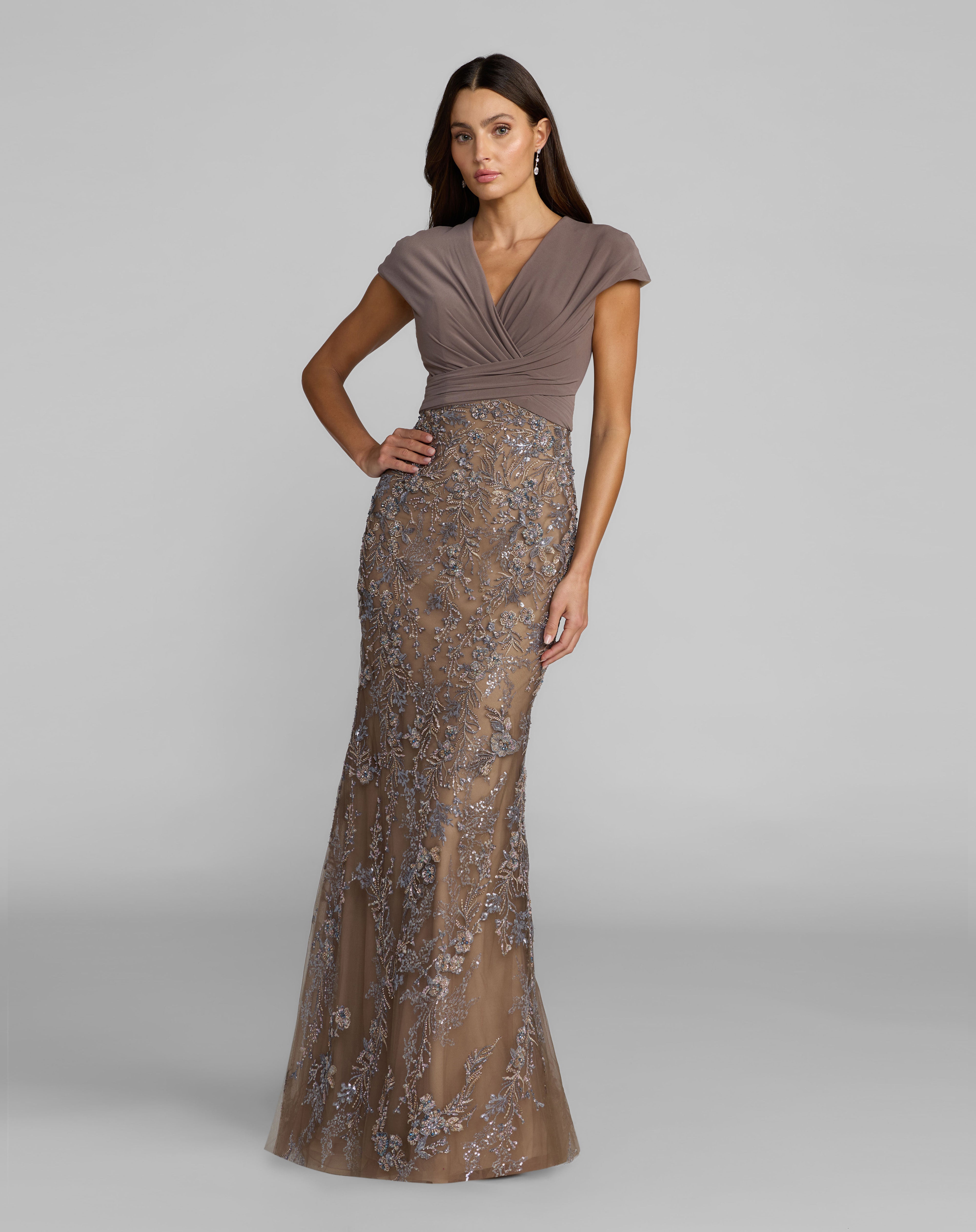 Taupe Multi V-Neck Floor-Length Mesh Formal Gown Sheath Dress Mac Duggal 21291