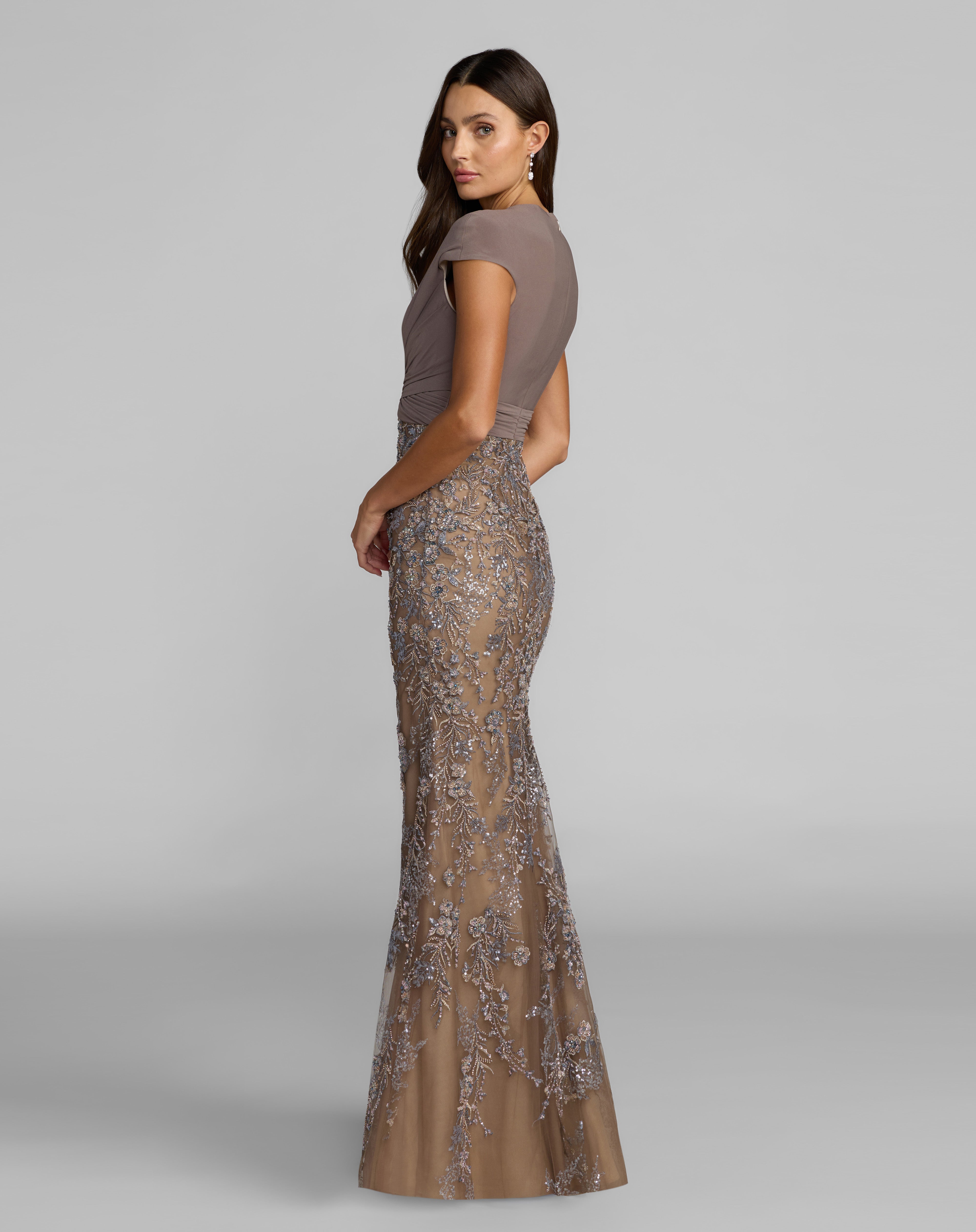 Taupe Multi V-Neck Floor-Length Mesh Formal Gown Sheath Dress Mac Duggal 21291