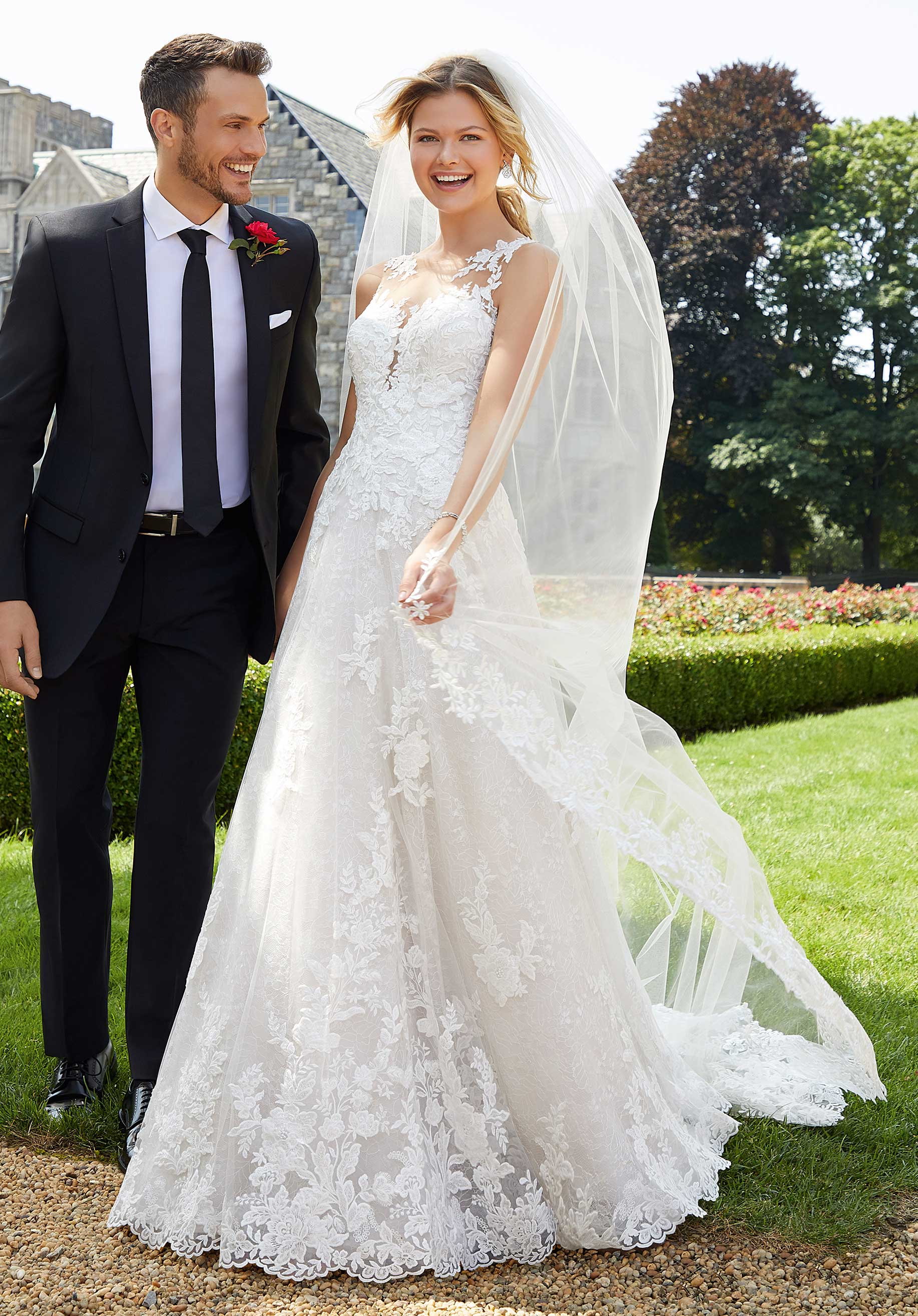 Wedding Dresses Long Bridal Lace A Line Wedding Dress MGNY Madeline Gardner New York 2130 Ivory/Rose