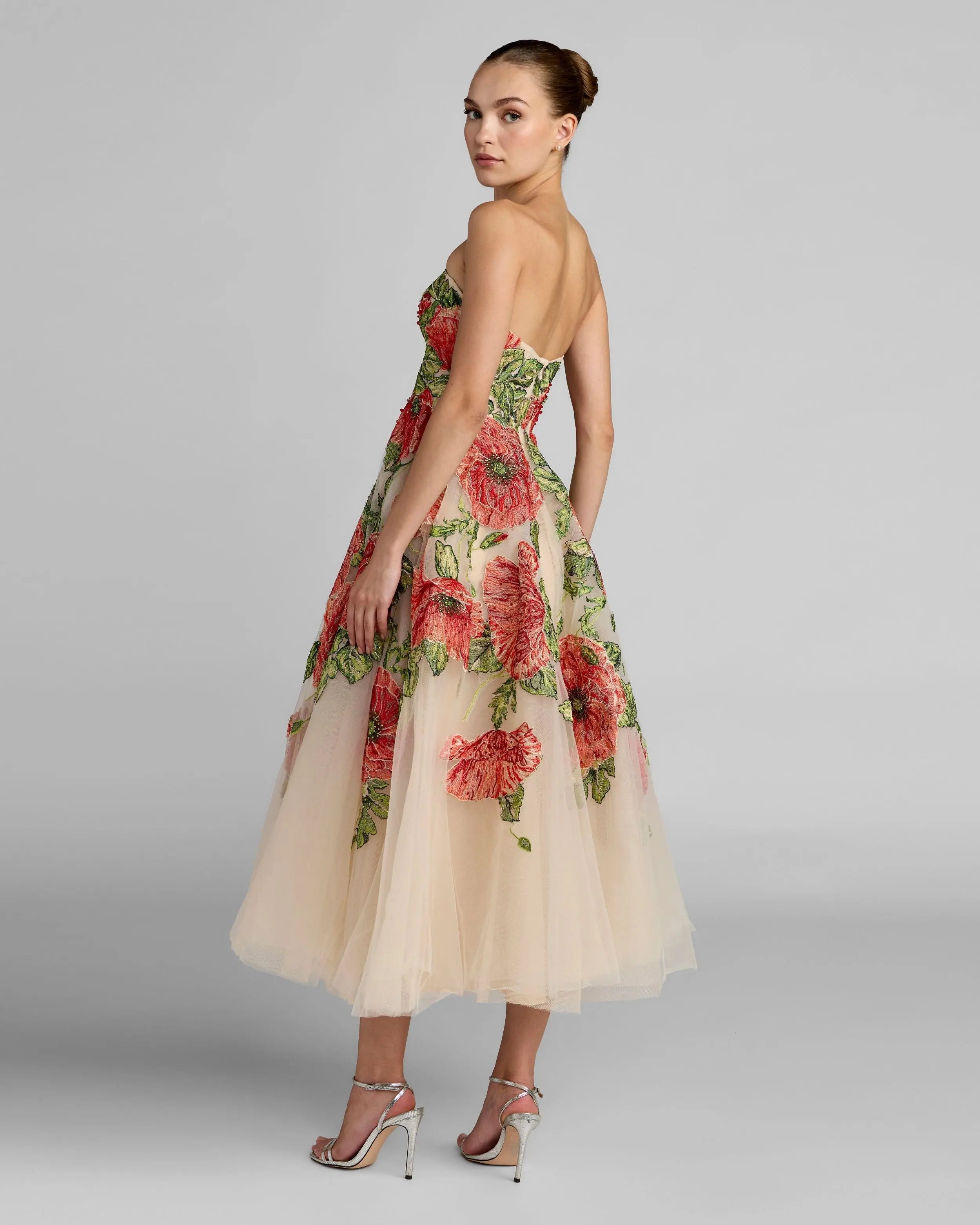 Dusty Rose Sweetheart Tea-Length Tulle Garden Cocktail Dress with Floral Embroidery Mac Duggal 21300