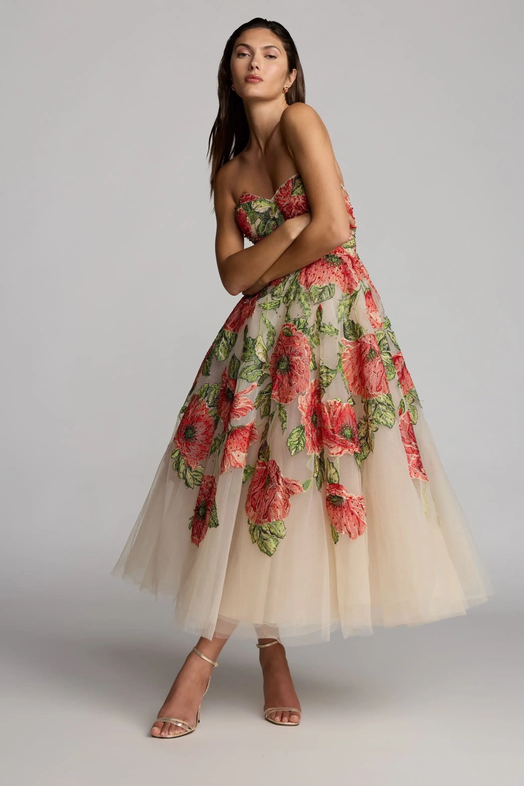 Dusty Rose Sweetheart Tea-Length Tulle Garden Cocktail Dress with Floral Embroidery Mac Duggal 21300