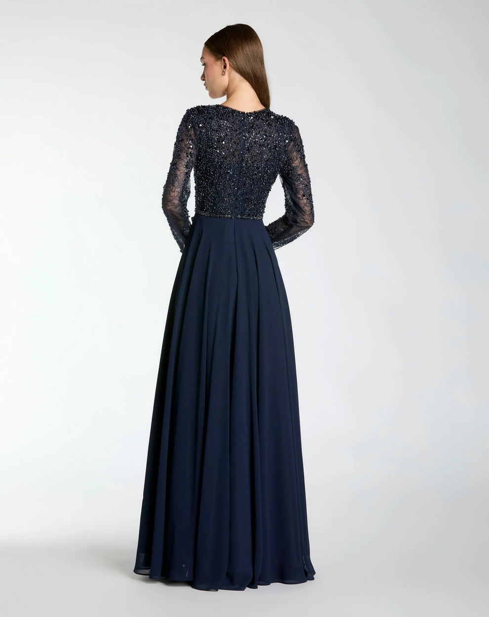 Midnight Crew Neck Floor-Length Chiffon Formal Dress Beaded Bodice A-Line Gown Mac Duggal 21316