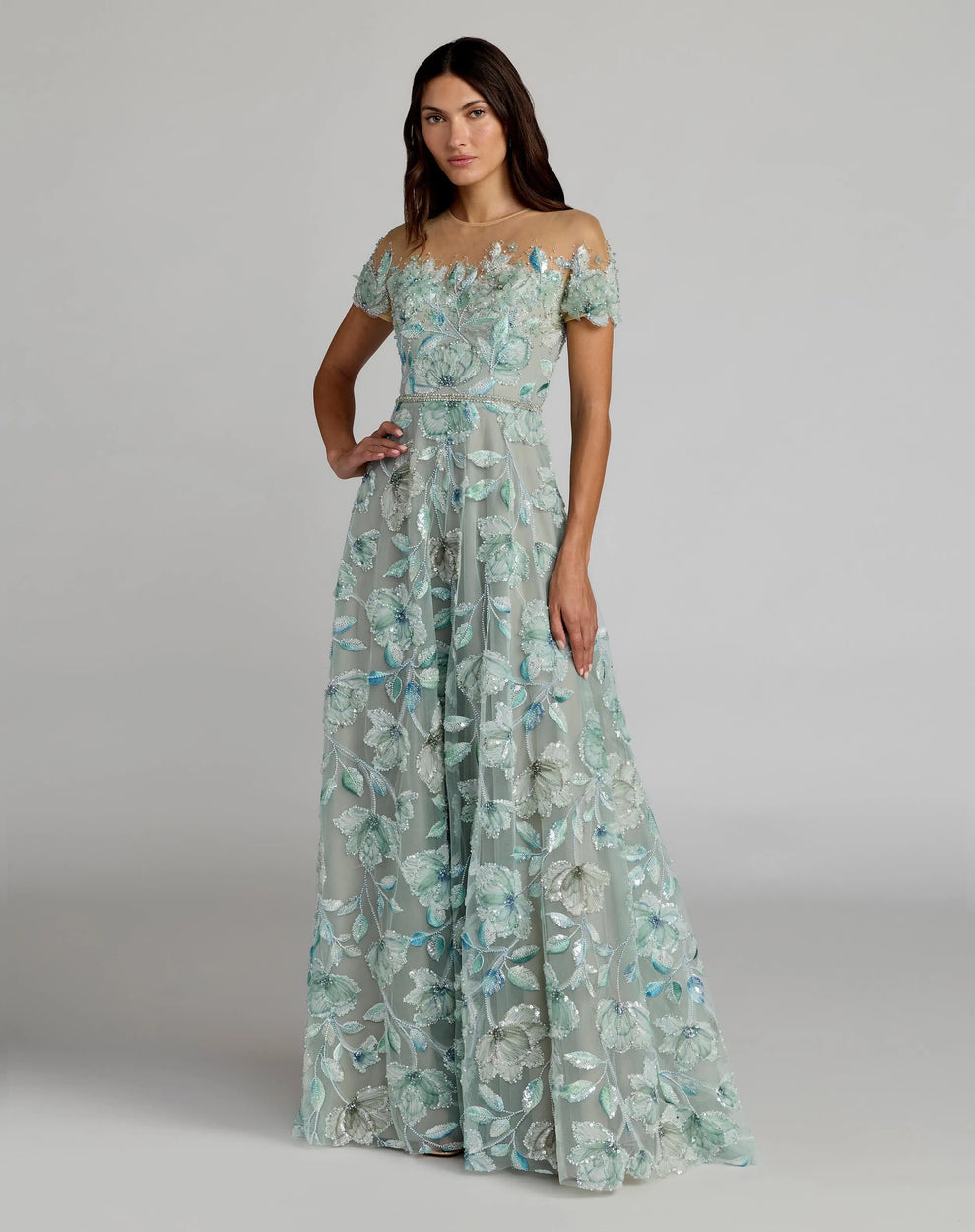 Sage Multi Illusion Neck Floor-Length Embroidered Mother of the Bride Dress with Cap Sleeves Mac Duggal 21339
