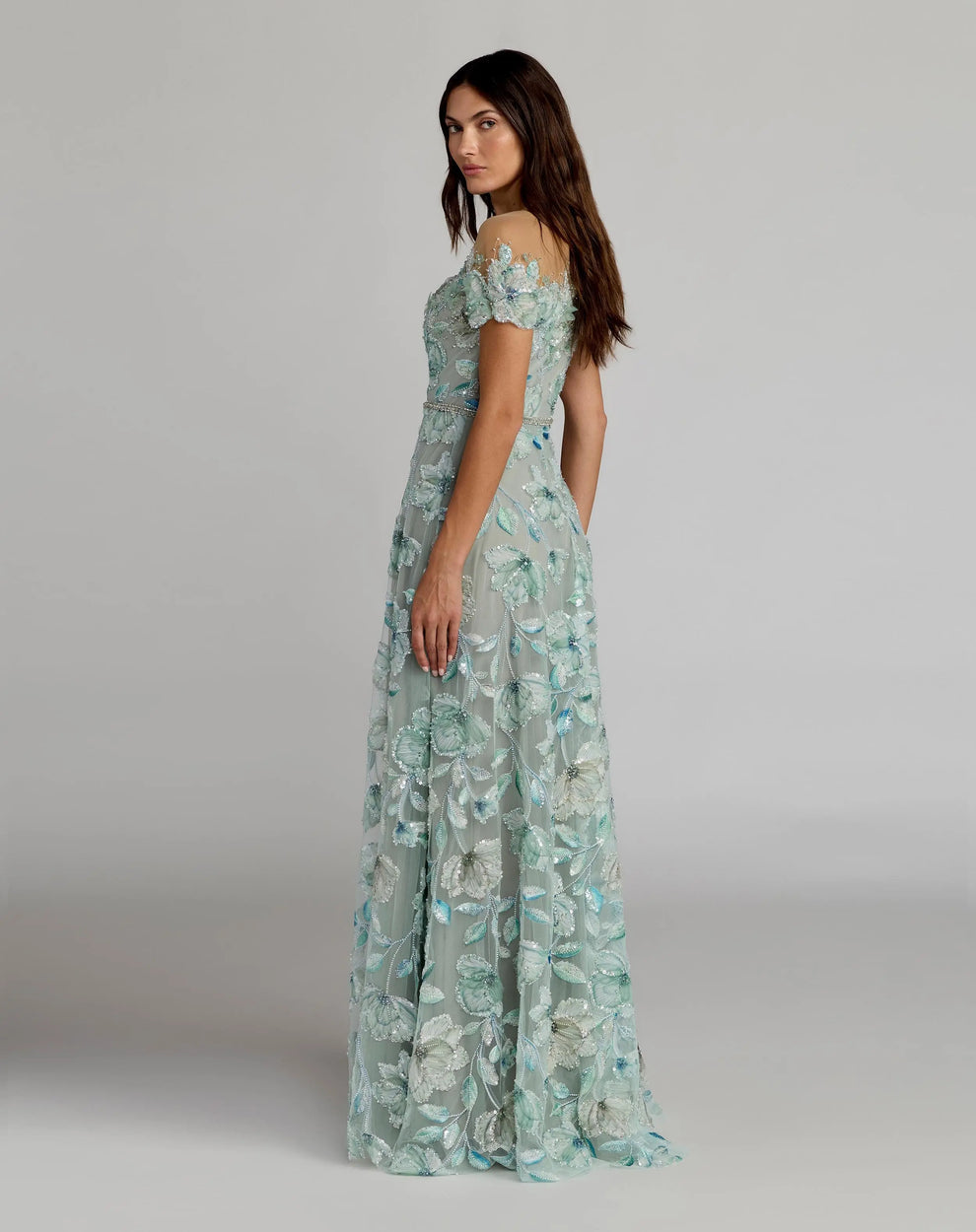 Sage Multi Illusion Neck Floor-Length Embroidered Mother of the Bride Dress with Cap Sleeves Mac Duggal 21339
