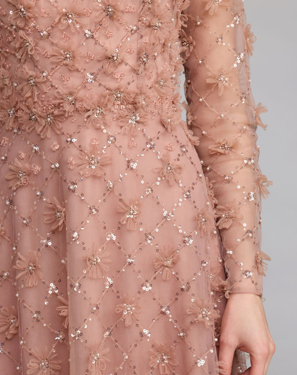 Mocha Jewel Neck Long Floral Applique Evening Dress A-Line Mac Duggal 21364