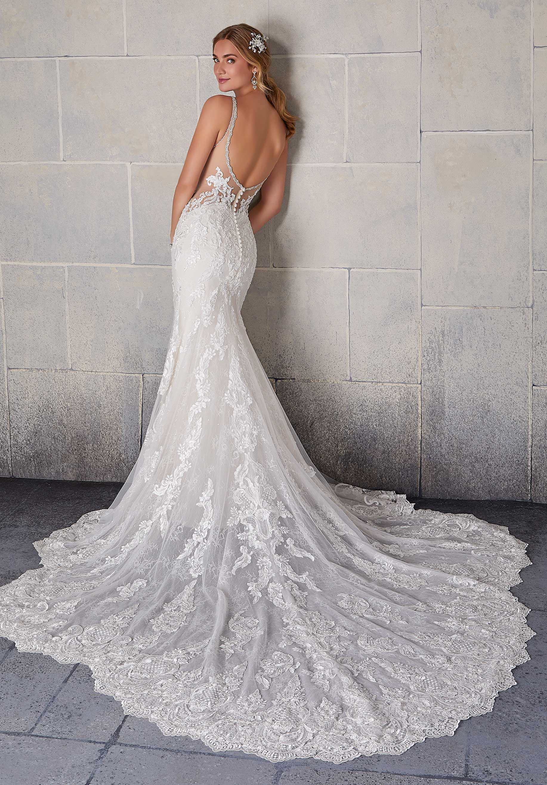 Wedding Dresses Long Fitted Beaded Lace Wedding Bridal Dress MGNY Madeline Gardner New York 2139 Ivory/Champagne