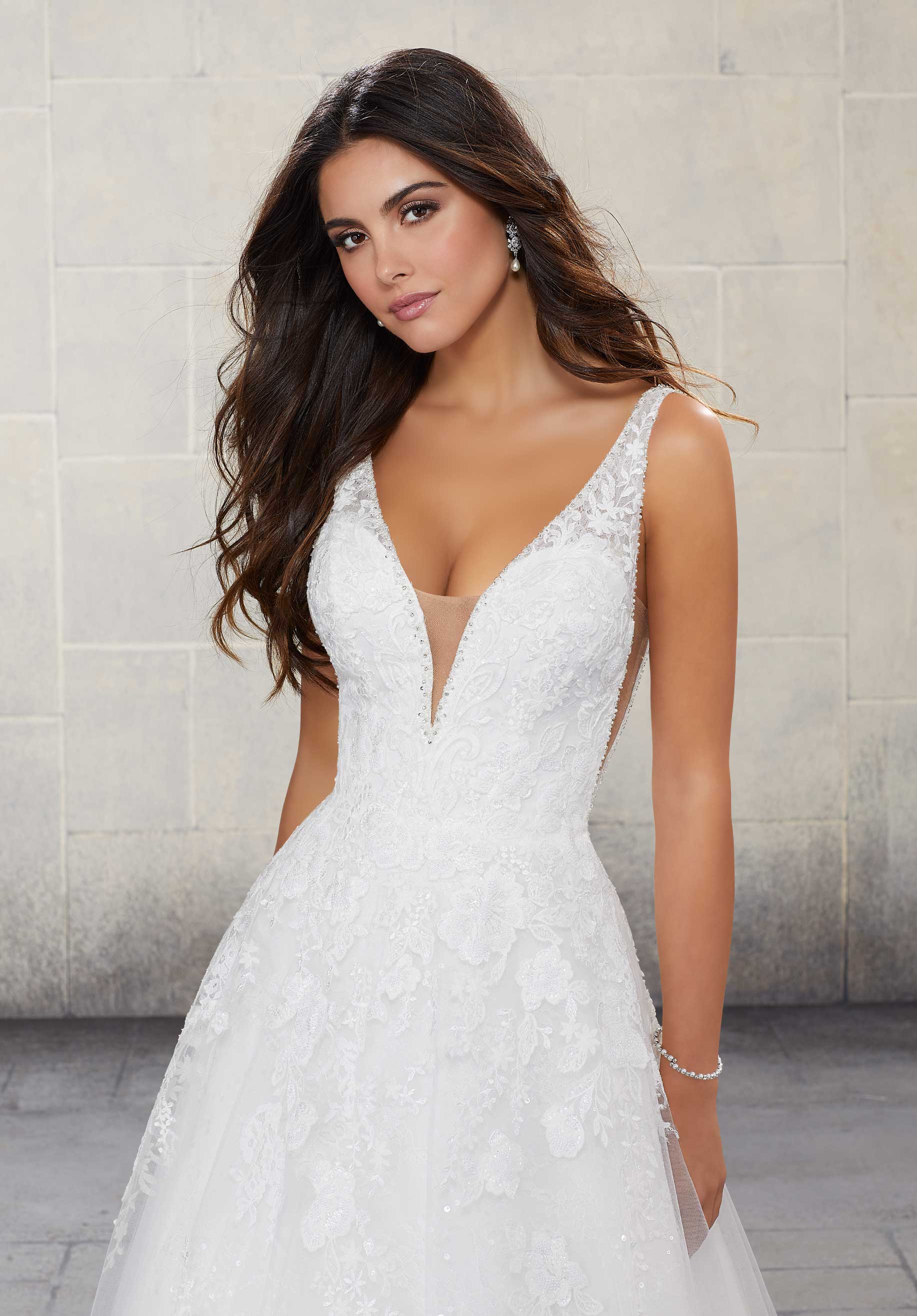 Wedding Dresses Long Sequin Lace Wedding Dress MGNY Madeline Gardner New York 2142 Ivory/Champagne