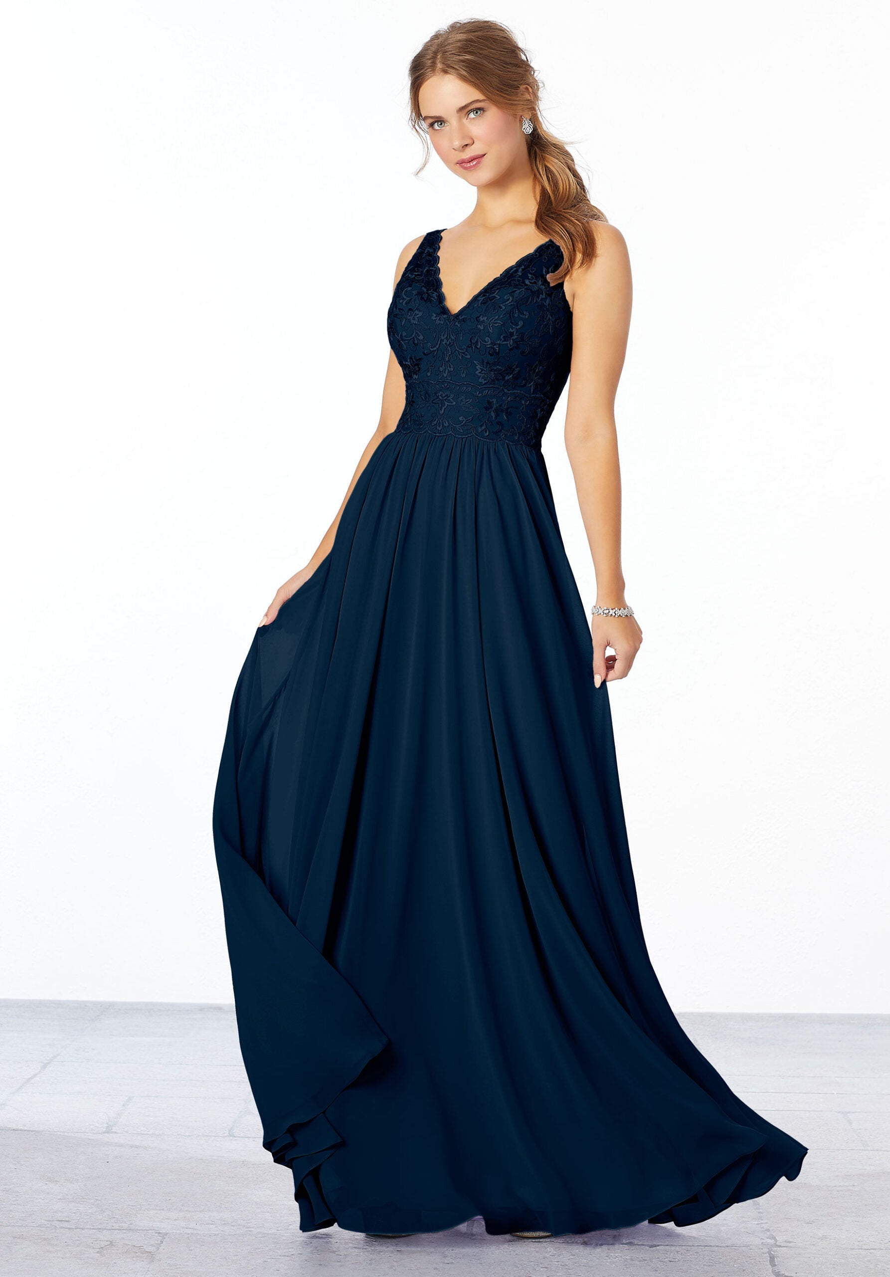Formal Dresses Long Formal Lace A Line Dress MGNY Madeline Gardner New York 21656 Navy