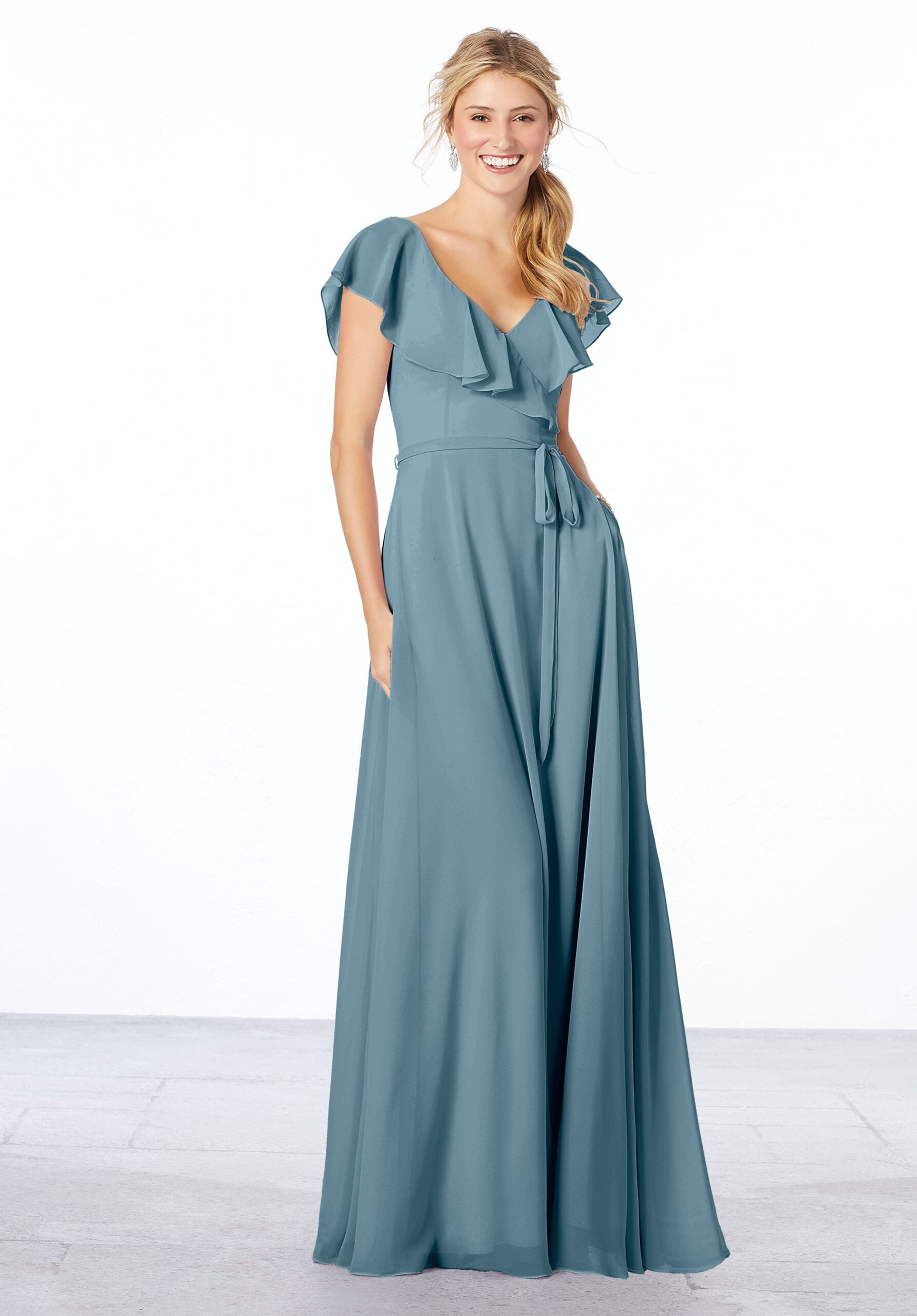 Formal Dresses Long Evening Formal A Line Ruffle Dress MGNY Madeline Gardner New York 21657 Slate