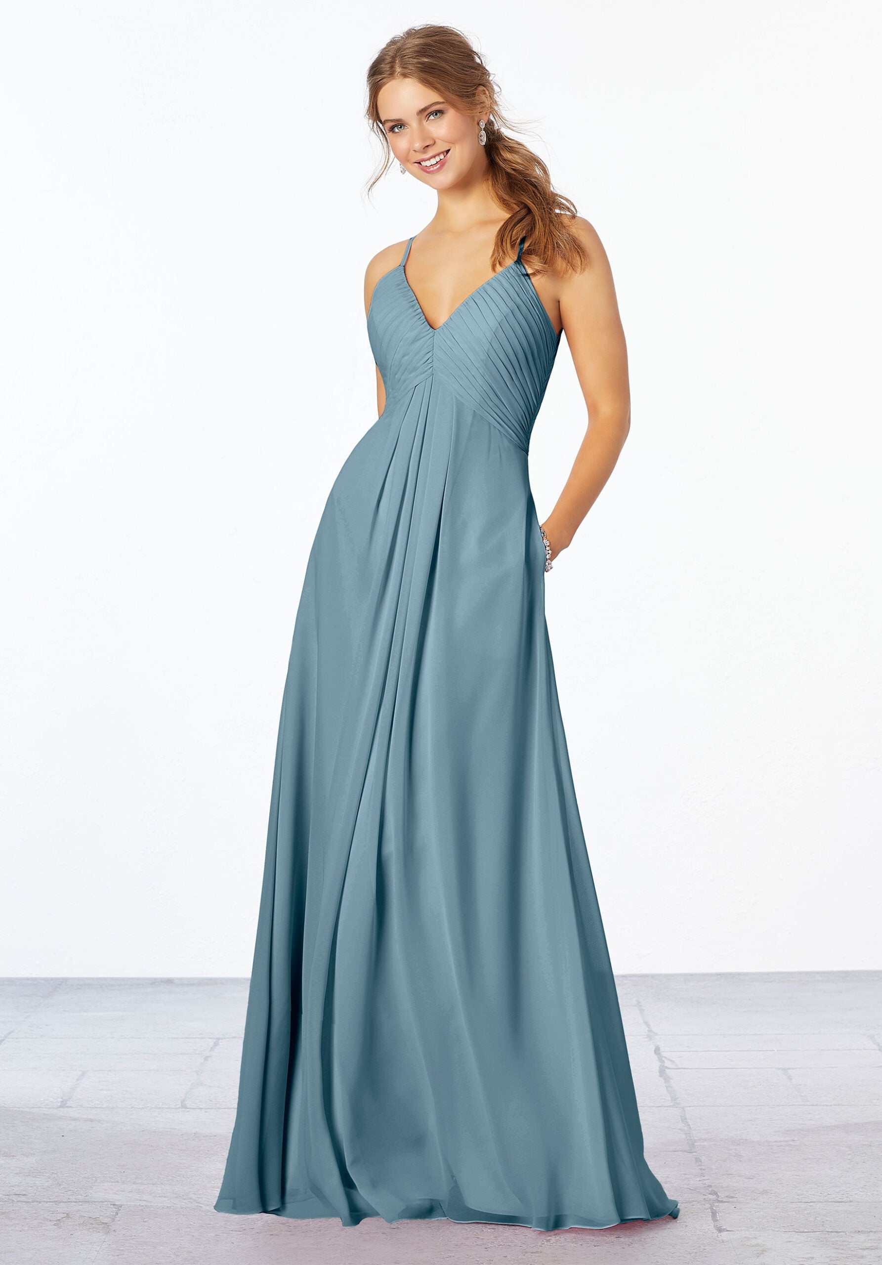 Formal Dresses Formal A Line Long Pleated Dress MGNY Madeline Gardner New York 21658 Slate