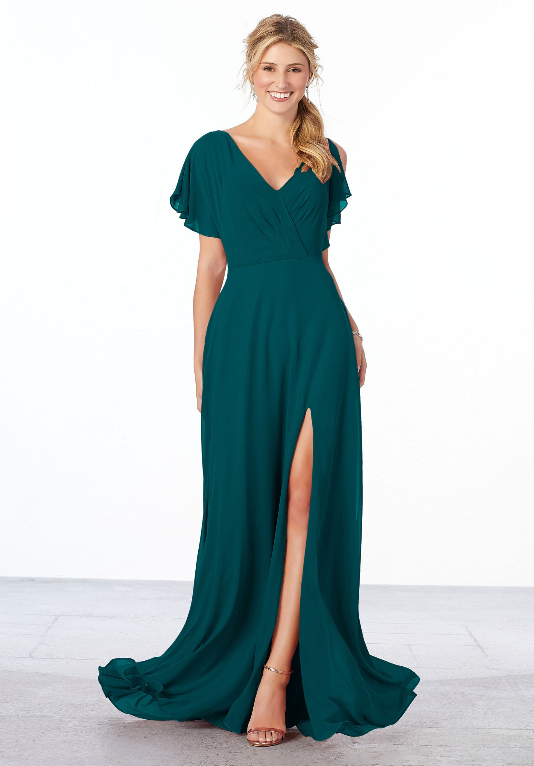 Formal Dresses Long A Line Ruffle Formal Slit Dress MGNY Madeline Gardner New York 21667 Teal