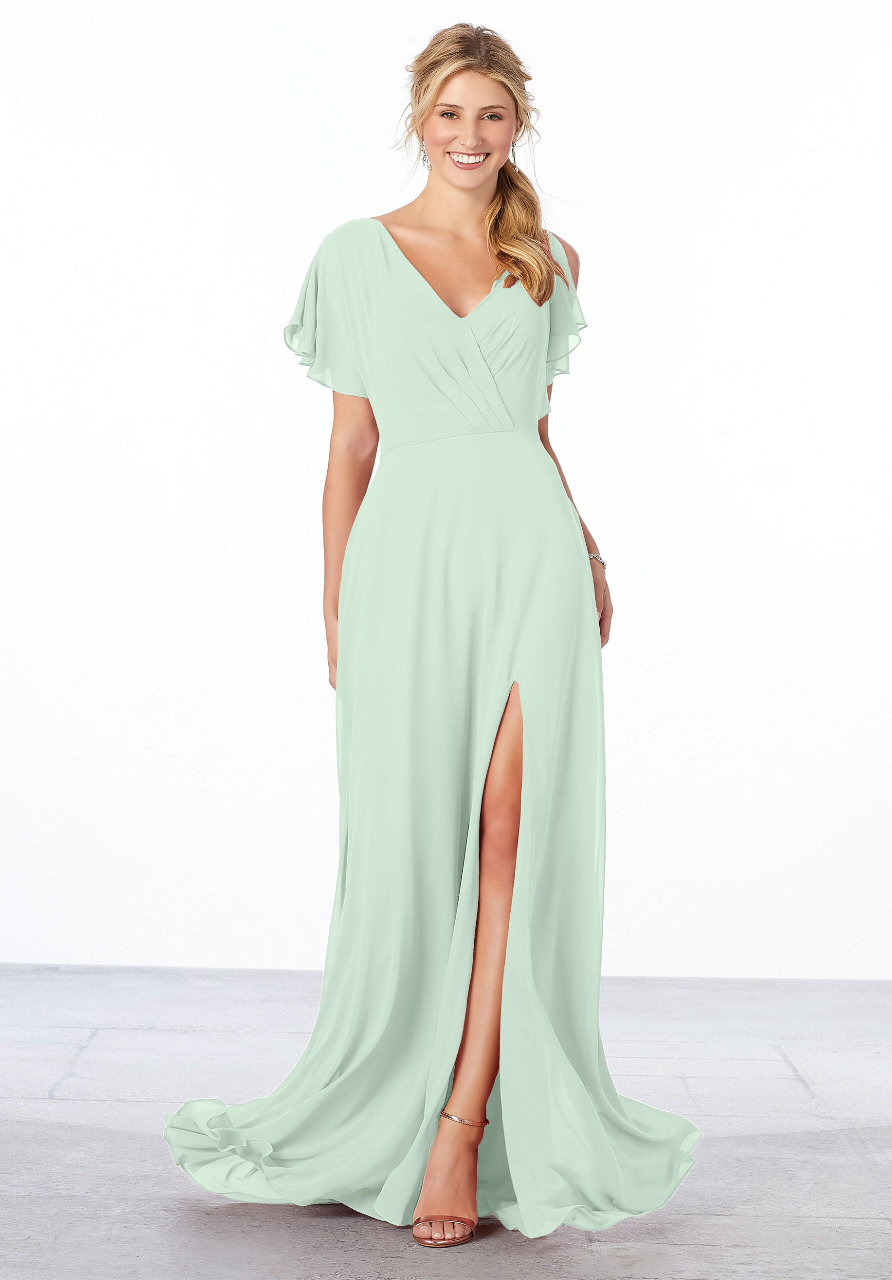 Formal Dresses Formal Ruffle Long Slit A Line Dress MGNY Madeline Gardner New York 21667 Sea Glass