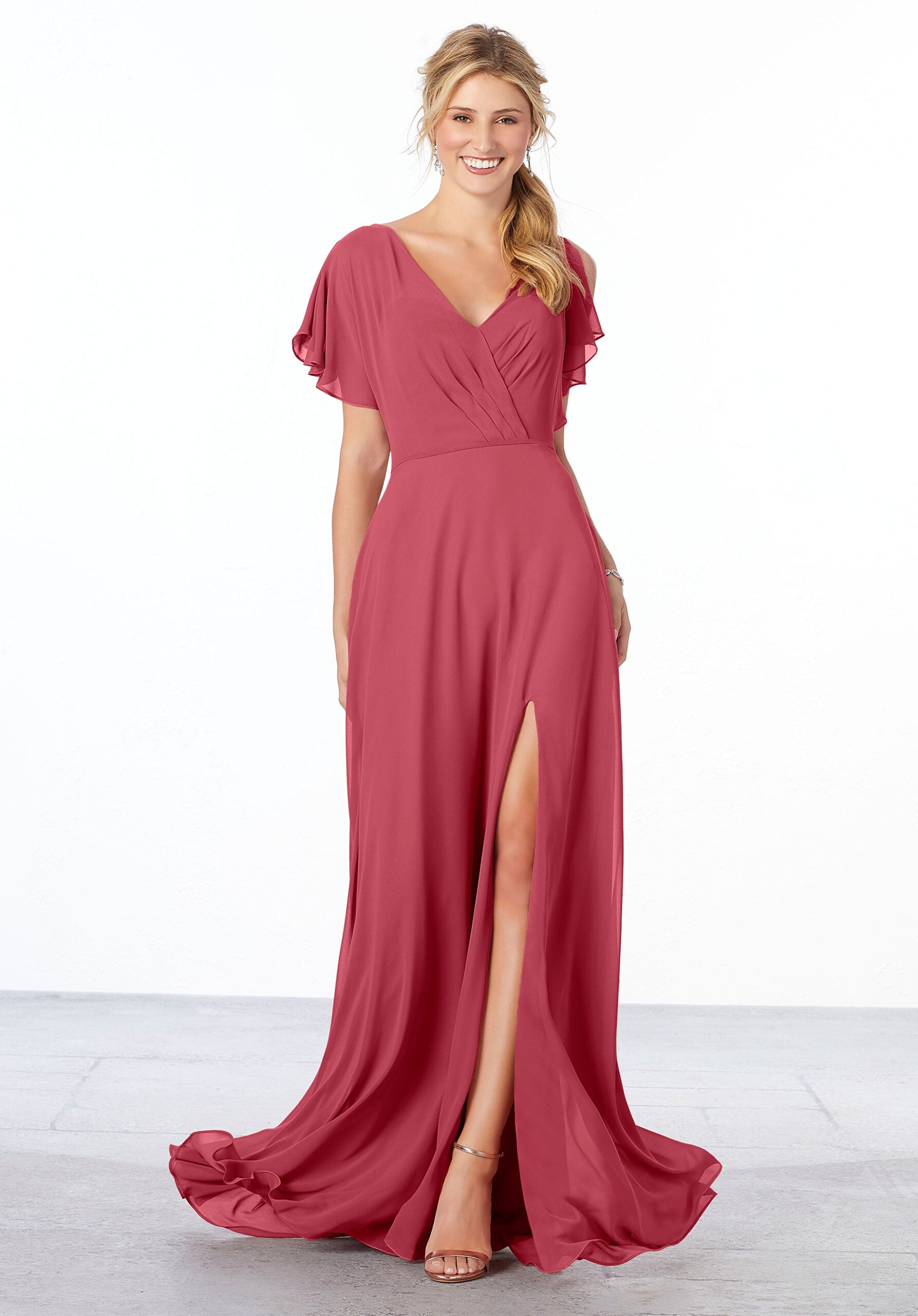 Formal Dresses Slit Long Ruffle A Line Formal Dress MGNY Madeline Gardner New York 21667 Rosewood
