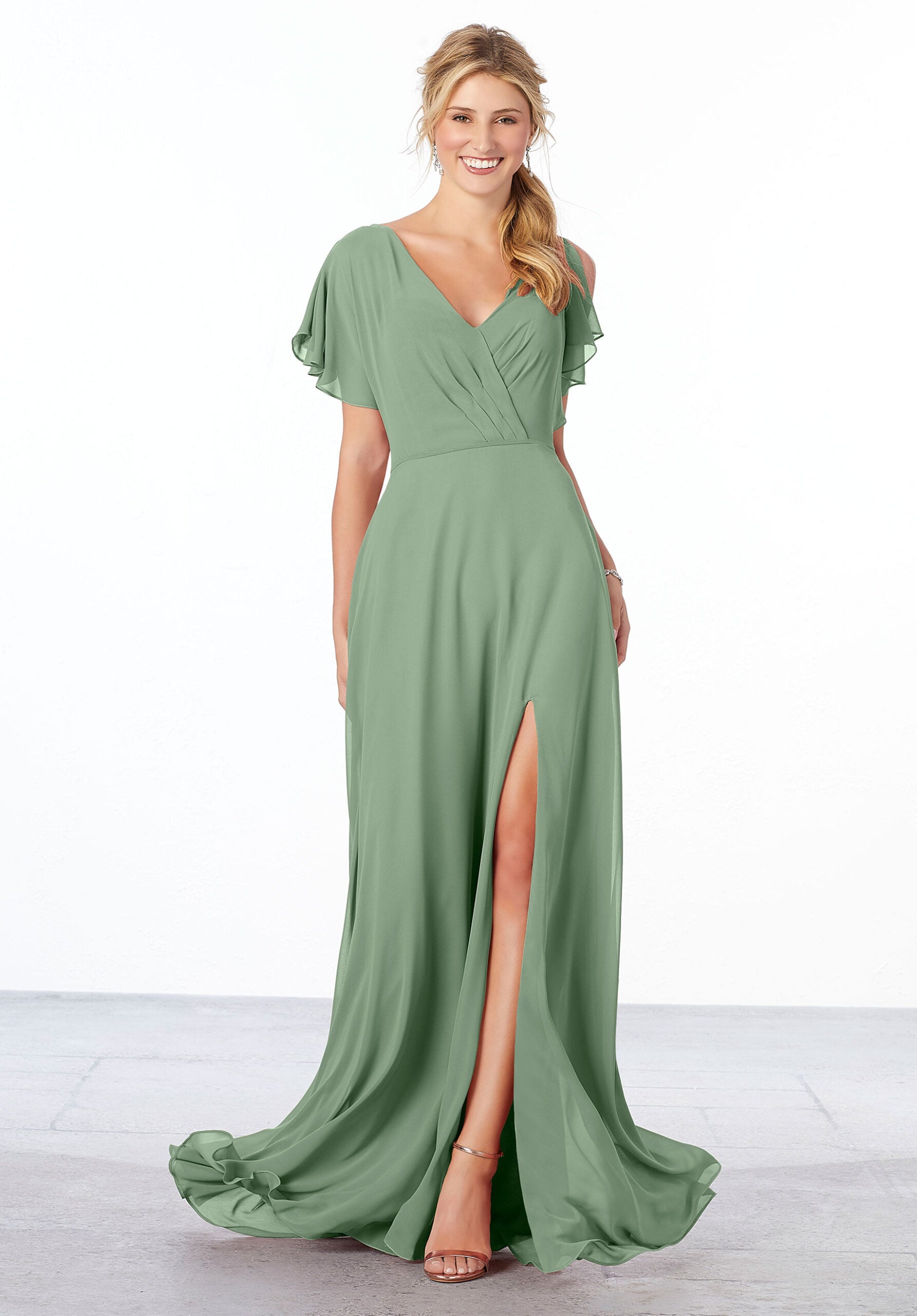 Formal Dresses A Line Ruffle Formal Long Slit Dress MGNY Madeline Gardner New York 21667 Moss