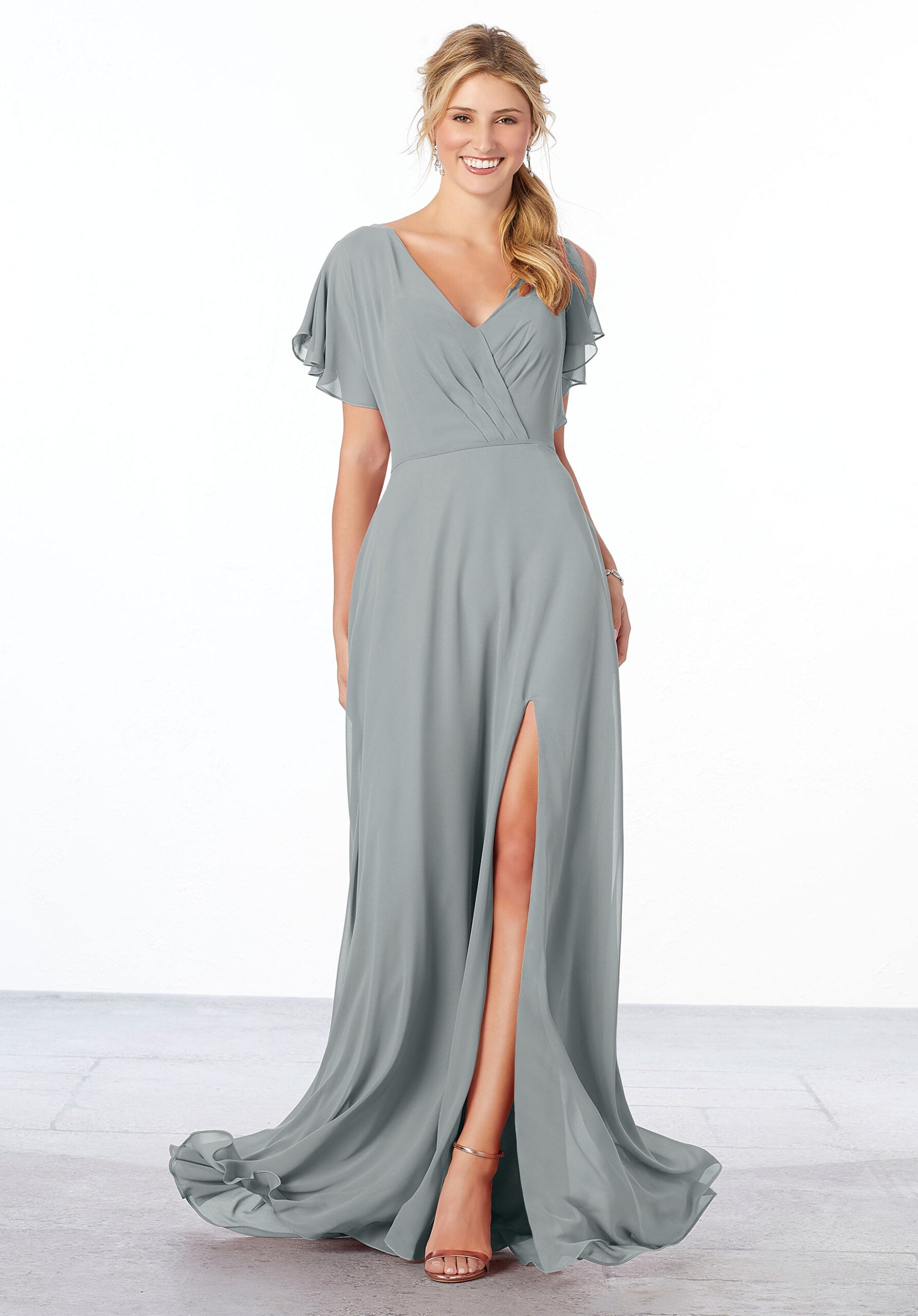 Formal Dresses Formal Long Slit Ruffle A Line Dress MGNY Madeline Gardner New York 21667 Dove