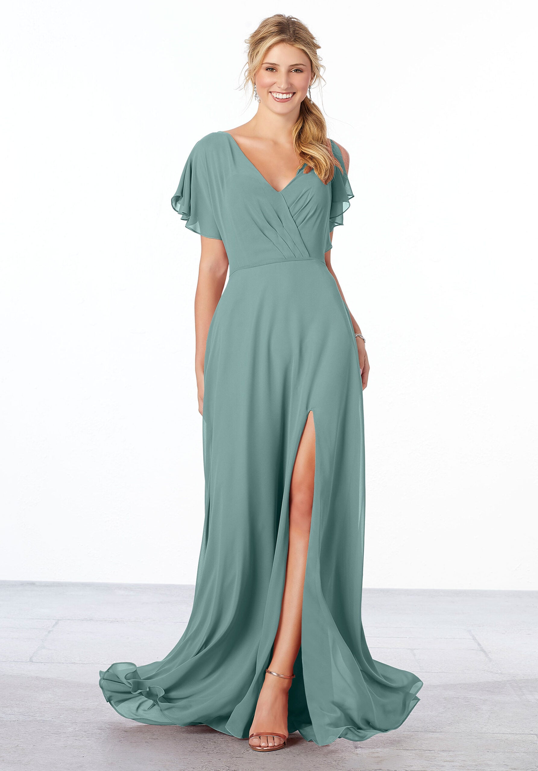 Formal Dresses Formal Long Slit Ruffle A Line Dress MGNY Madeline Gardner New York 21667 Deep Sea