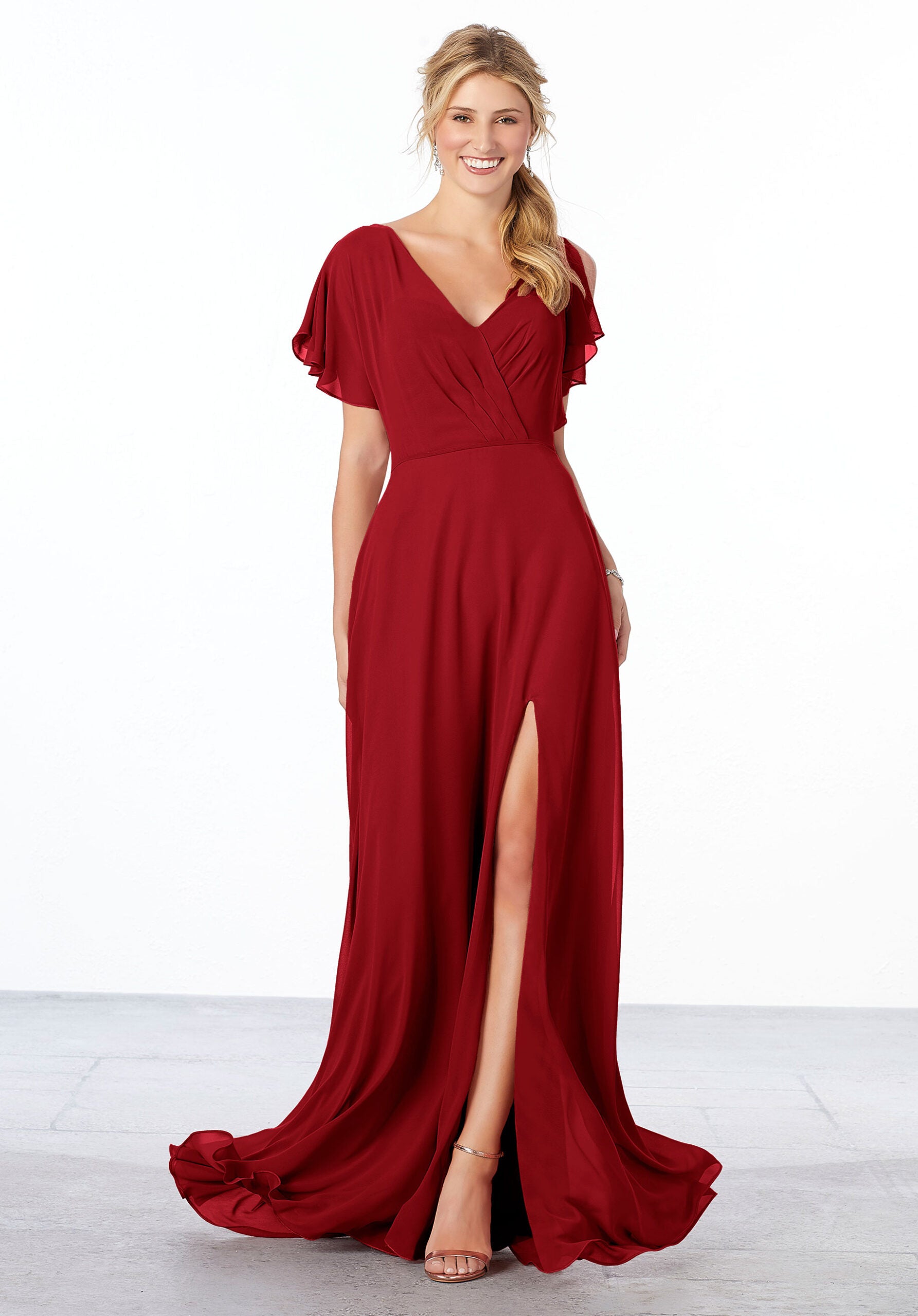 Formal Dresses Ruffle Formal A Line Slit Long Dress MGNY Madeline Gardner New York 21667 Claret