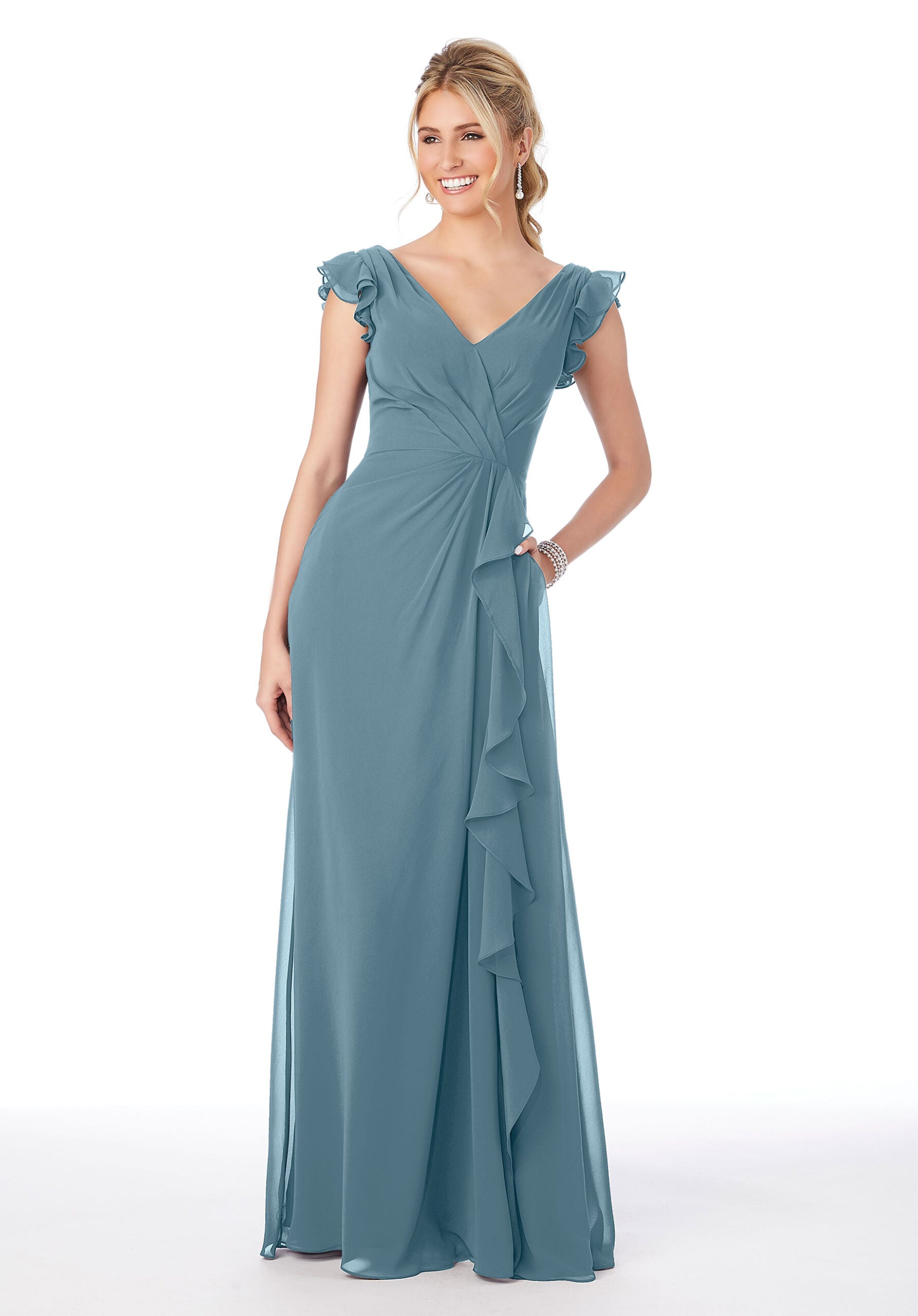 Formal Dresses Long Formal Ruffle Evening Dress MGNY Madeline Gardner New York 21686 Slate